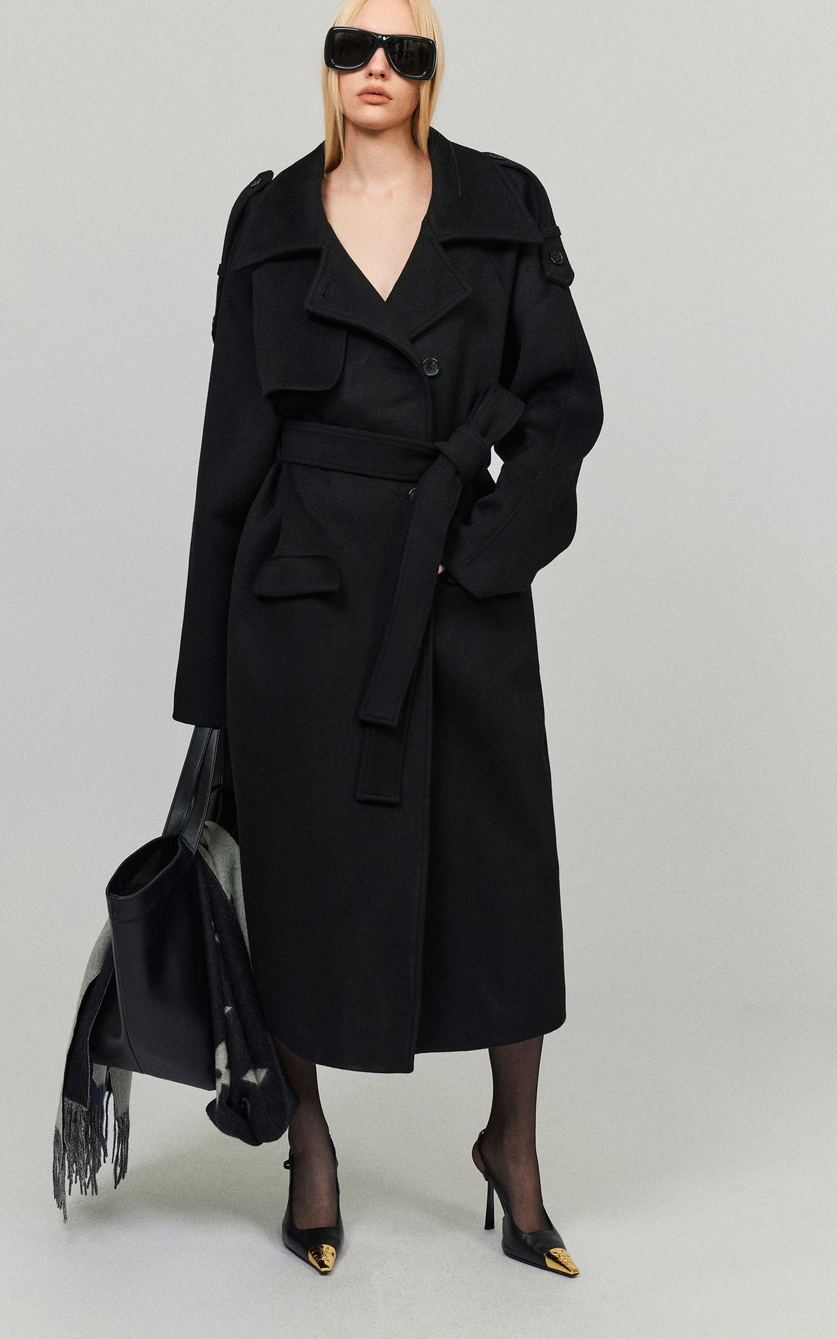 0122stepll Oversized Military Belted Long Wool Trench Coat