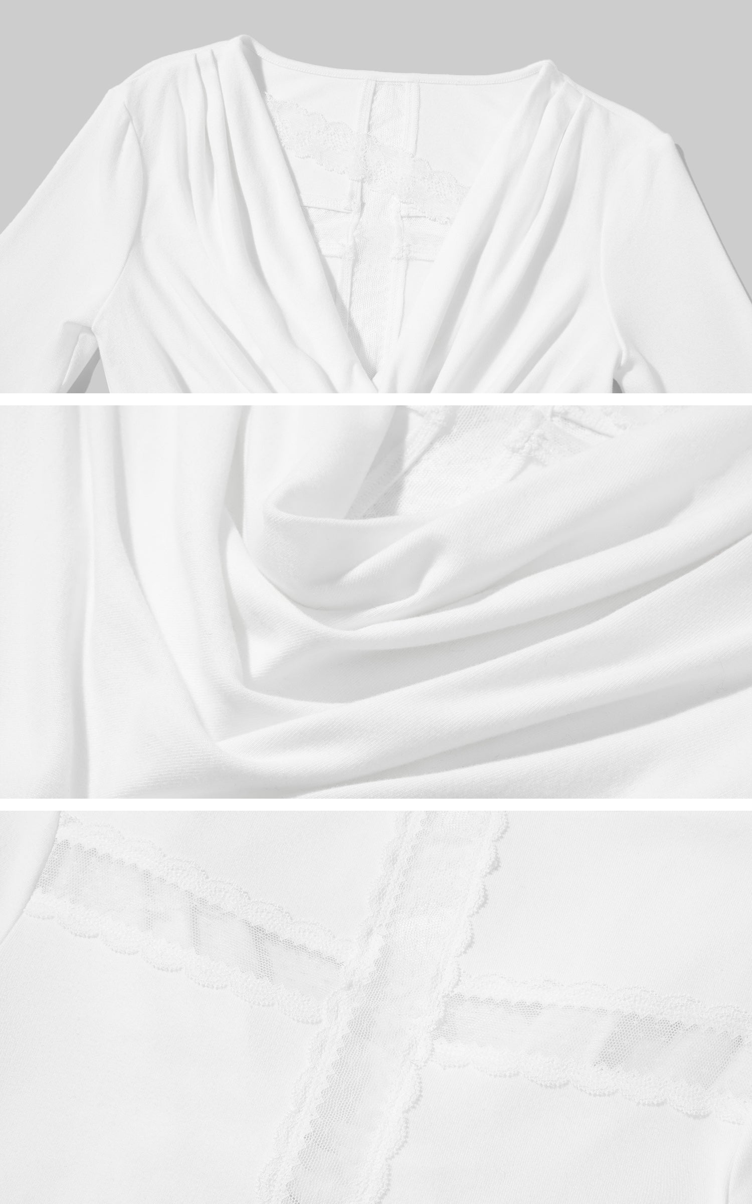 Rase Le Sol Draped Neck Long Sleeve Top With Lace Insets And Mesh Panel