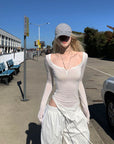 Rase le sol Cutout Neckline Curved Hem Long Sleeve Top - PINKPARKS