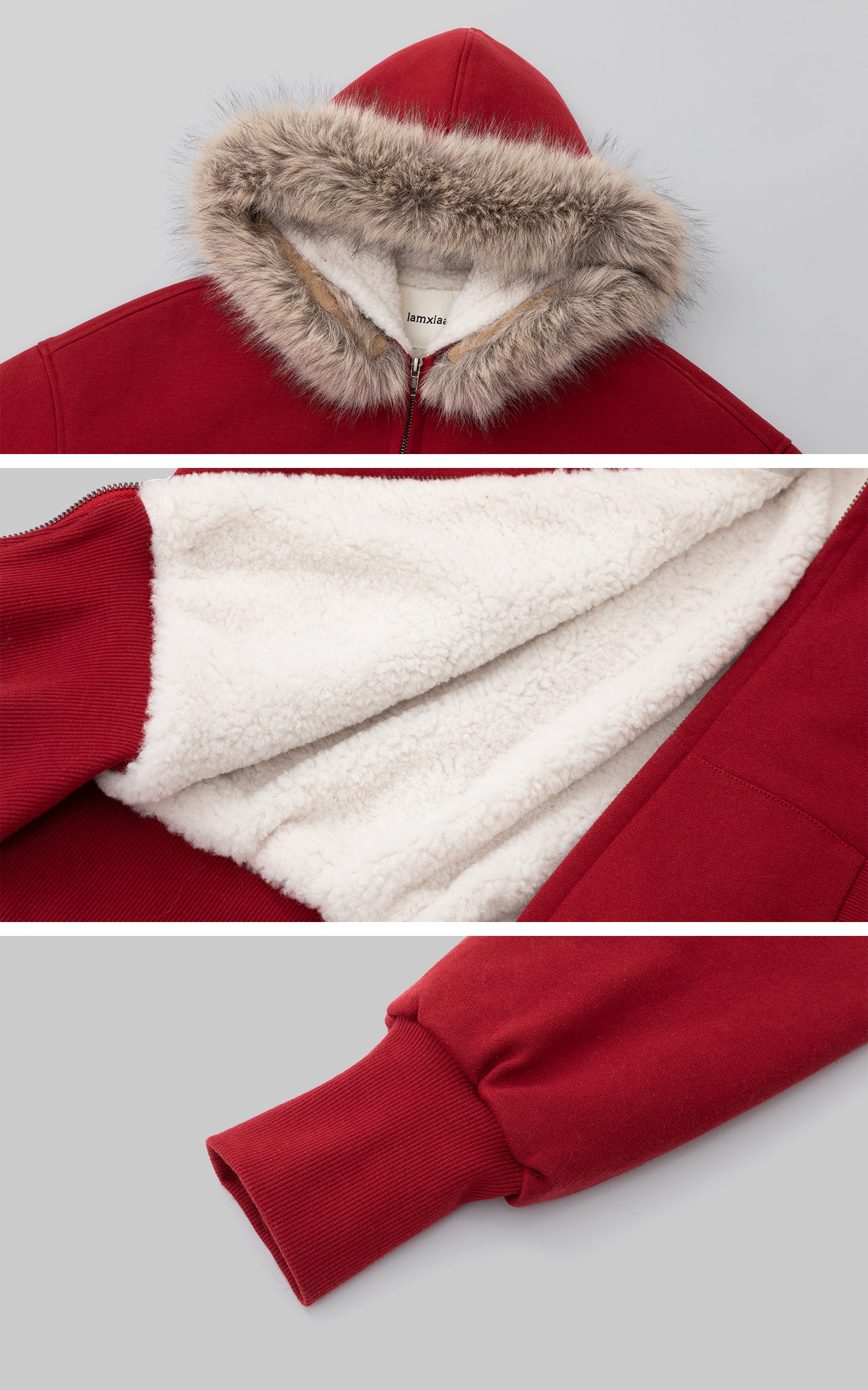 IAMXIAA フェイクファー付きフリースフーディーとワイドレッグスウェットパンツセット