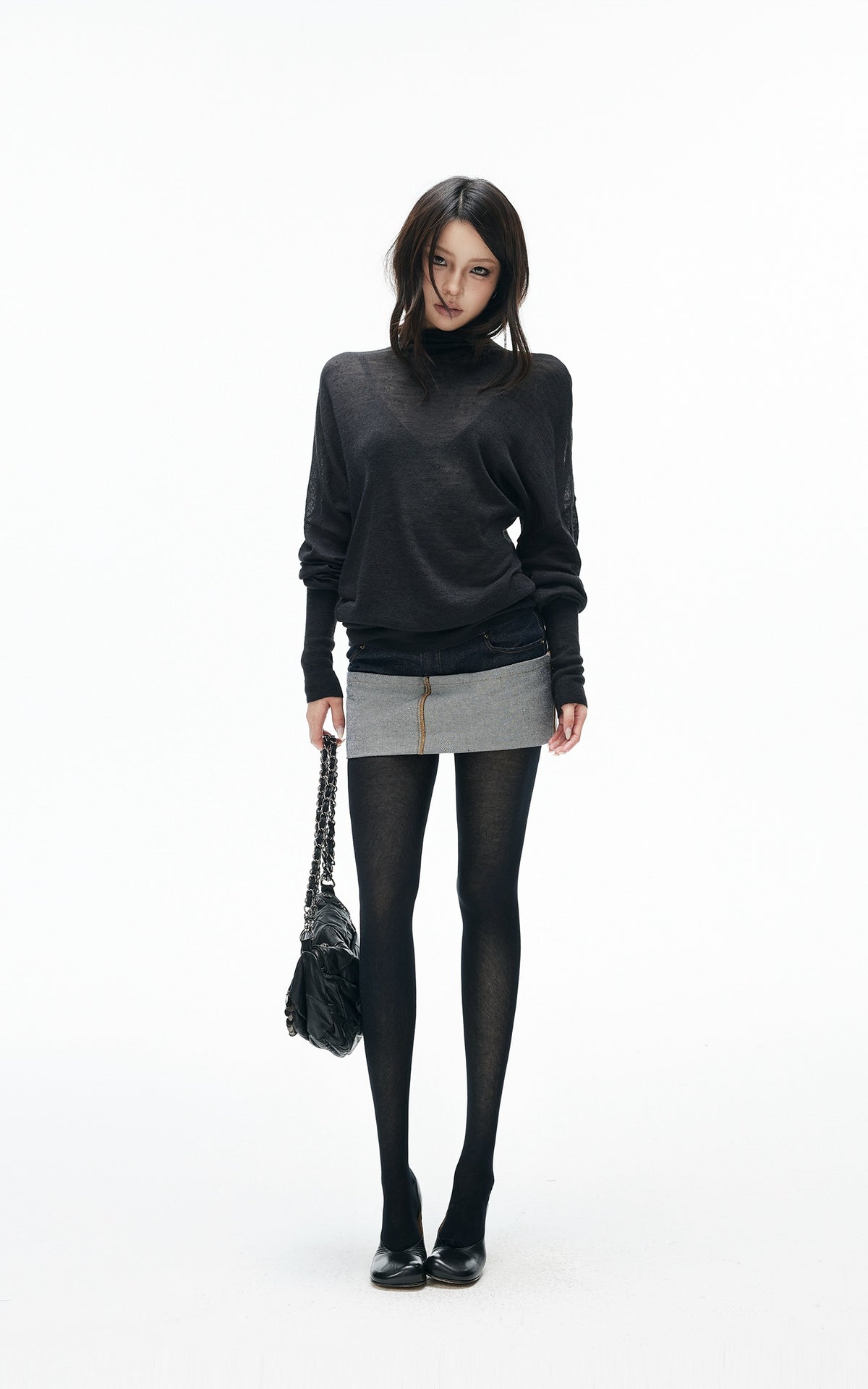 IAMXIAA Sheer Dolman Sleeve Turtleneck Knit Top