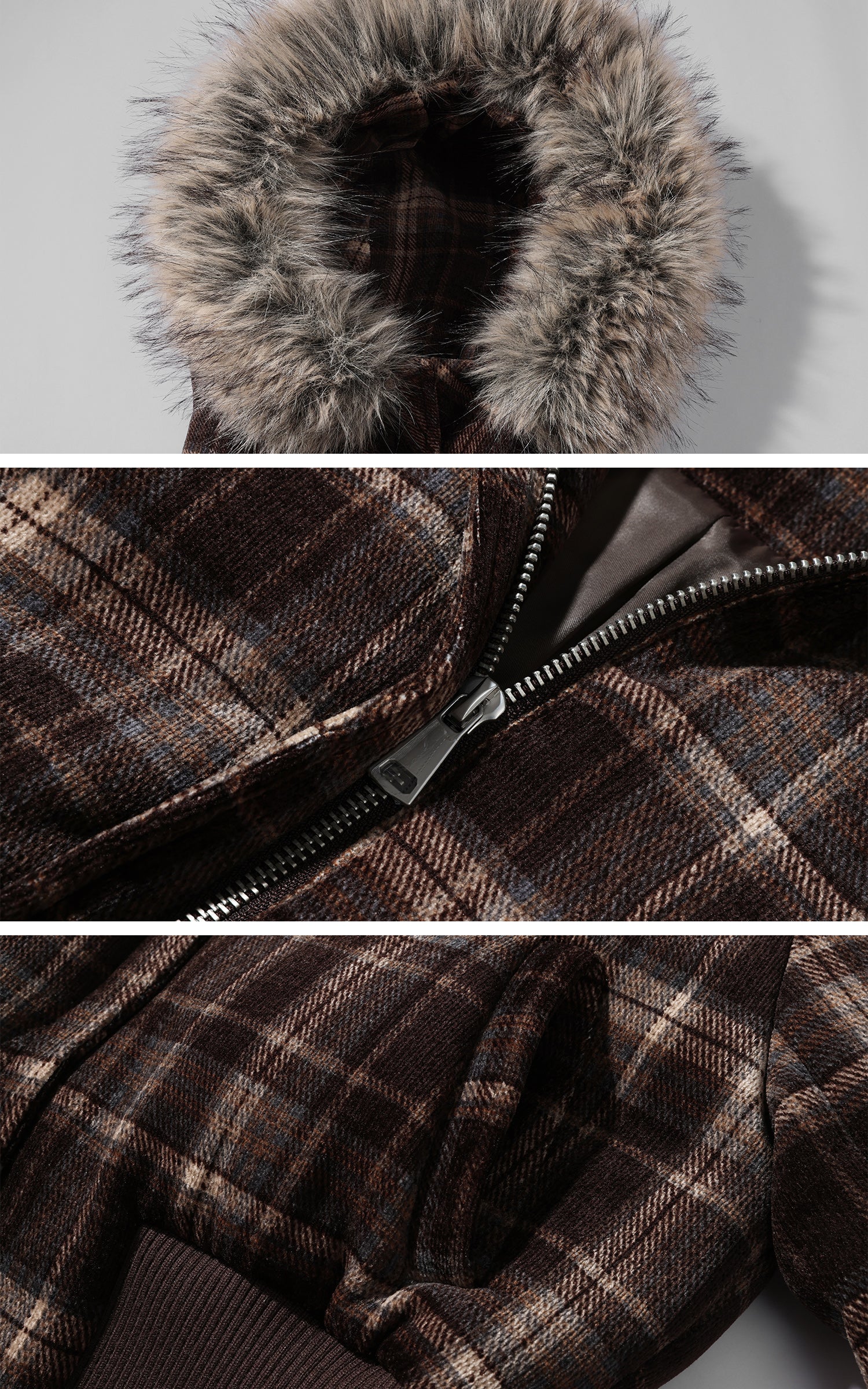 WARDEN EDGE 구조적인 체크 다운 재킷, 탈부착 가능한 퍼 후드