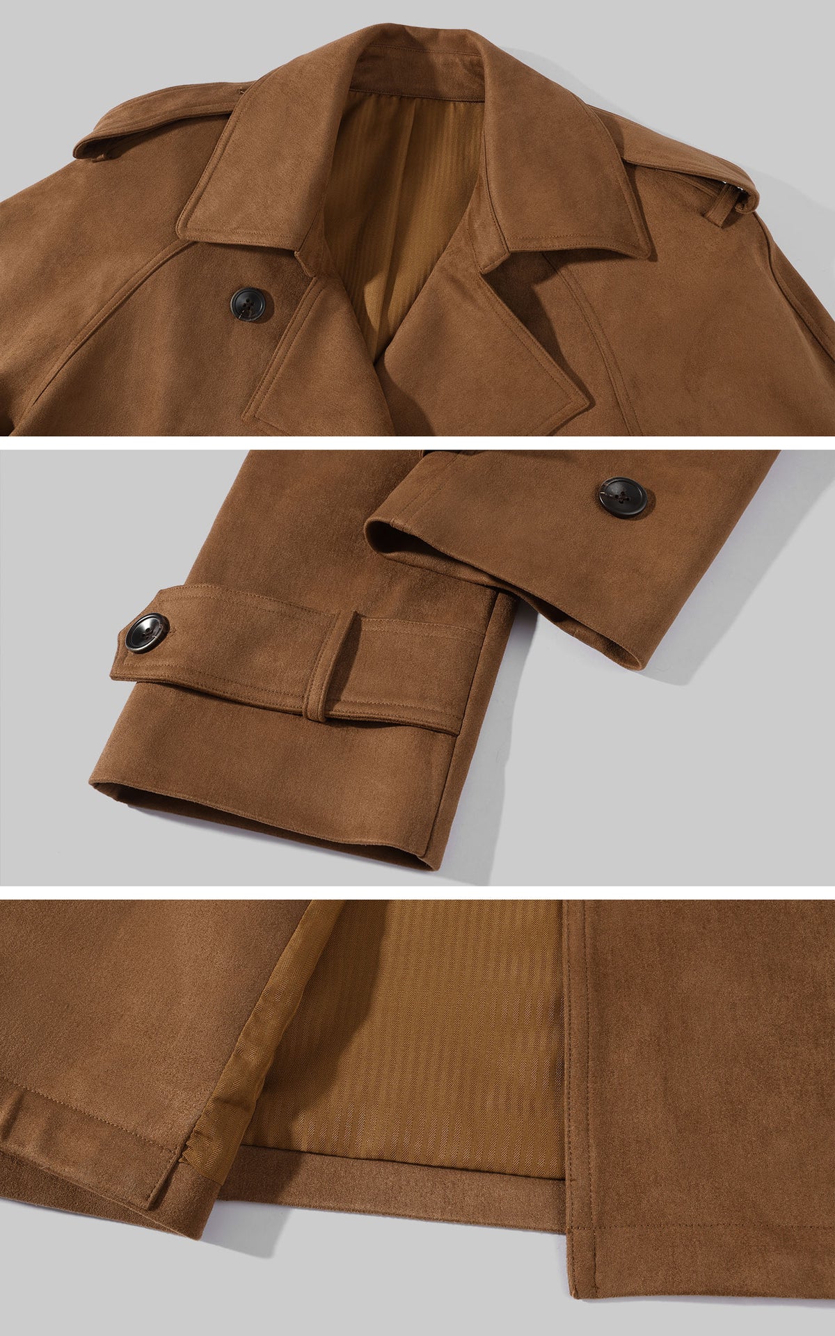 ROVENTE Suede-Look Double-Breasted Belted Longline Trench Coat