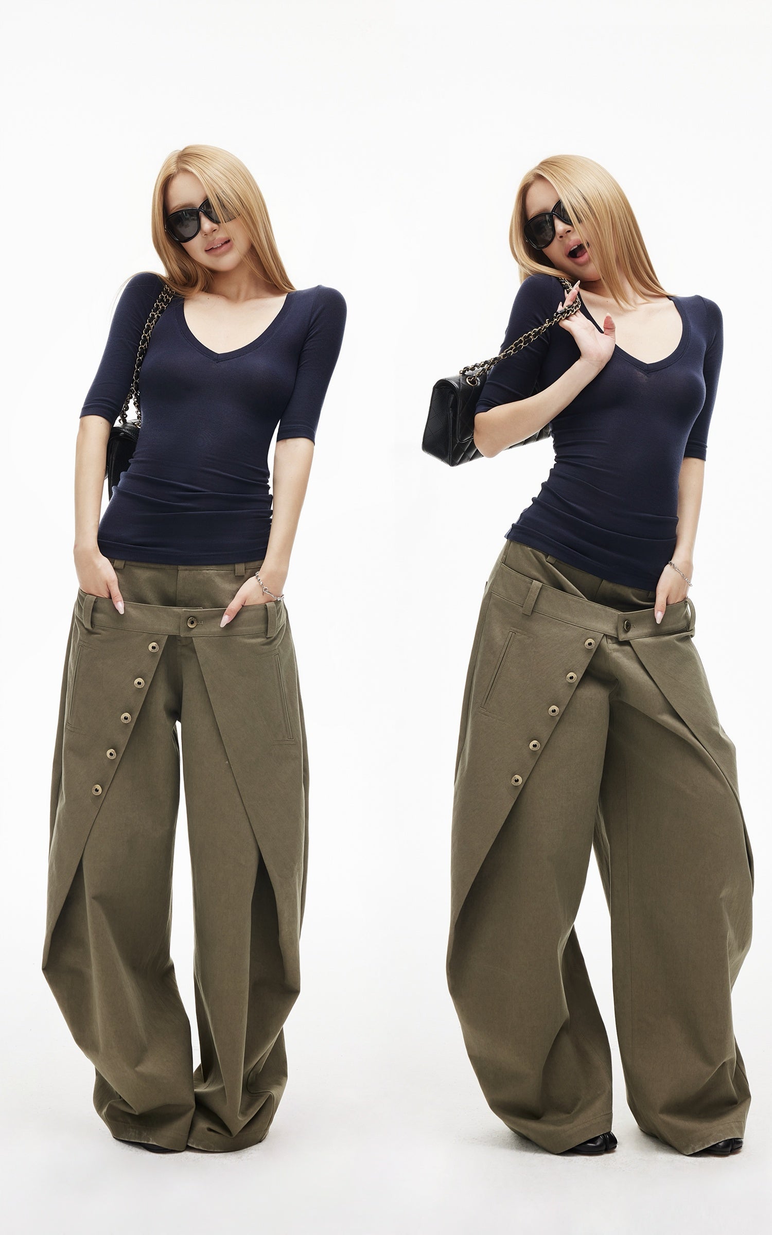 IAMXIAA Layered Waist Button Detail Wide-Leg Barrel Pants
