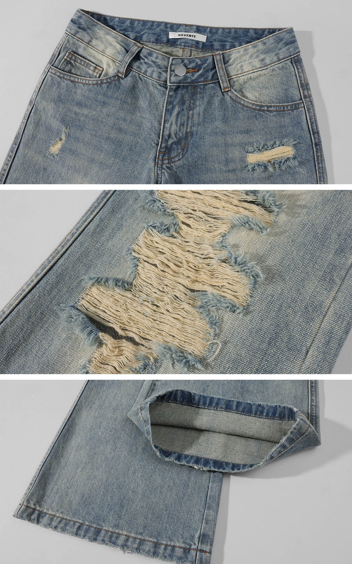 ROVENTE Vintage Washed Distressed Low-Rise Long Flared Jeans