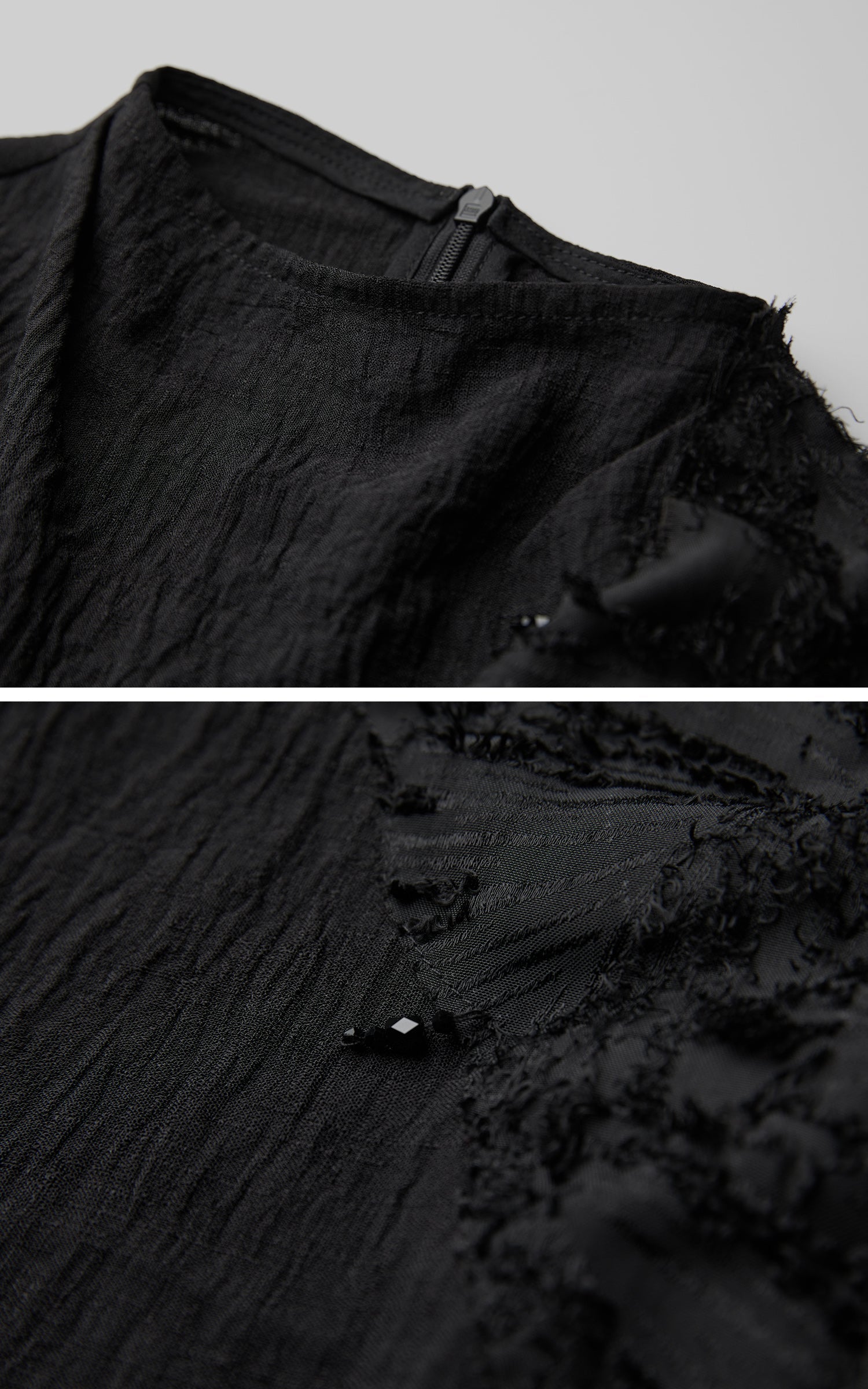 DOINDULGE Asymmetric Textured Sleeveless Top with Frayed and Beaded Detailing