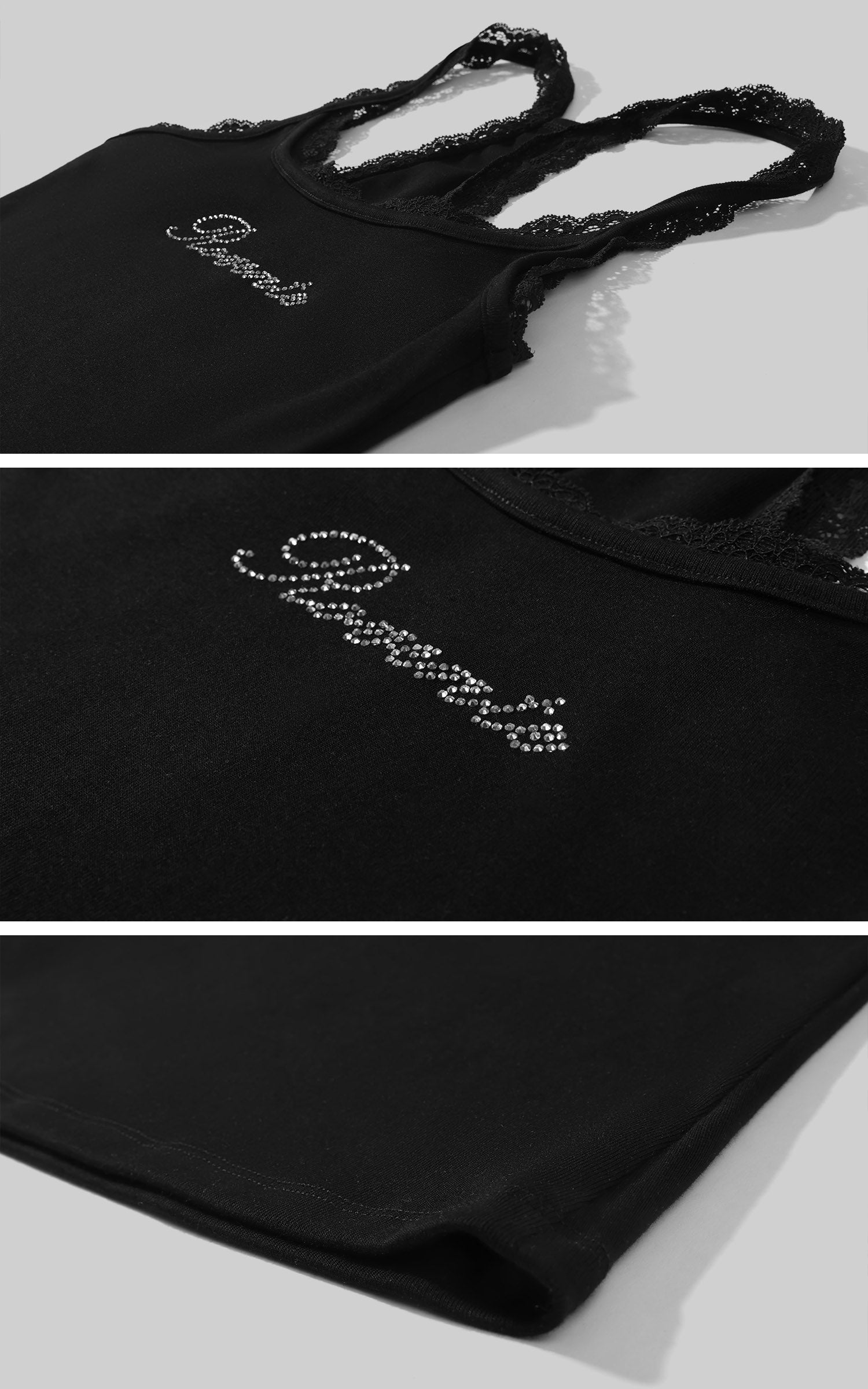 ROVENTE Rhinestone Logo Lace Trim Tank Top