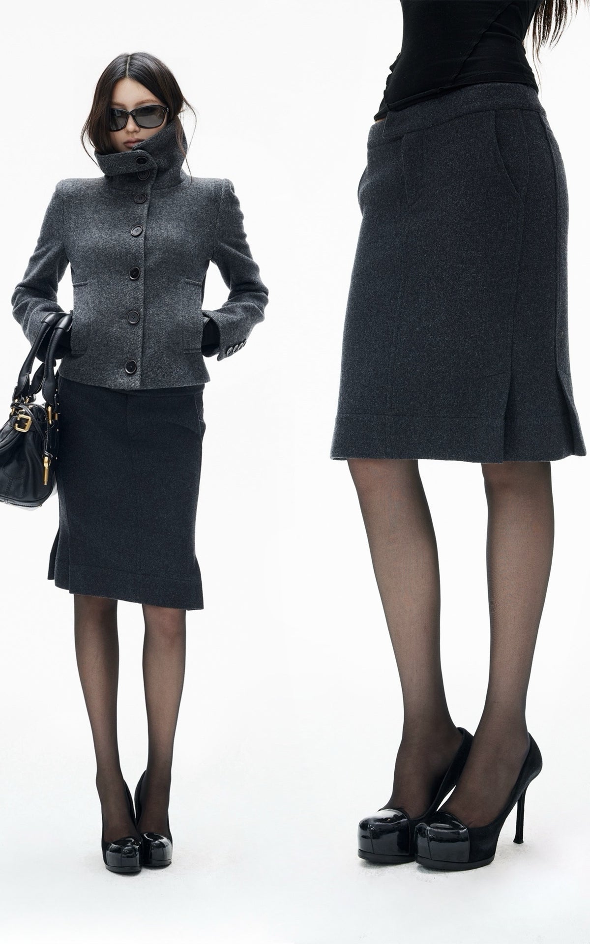 IAMXIAA Vintage-Inspired Charcoal Grey Tailored Knee-Length Pencil Skirt with Side Slit