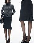 IAMXIAA Vintage-Inspired Charcoal Grey Tailored Knee-Length Pencil Skirt with Side Slit
