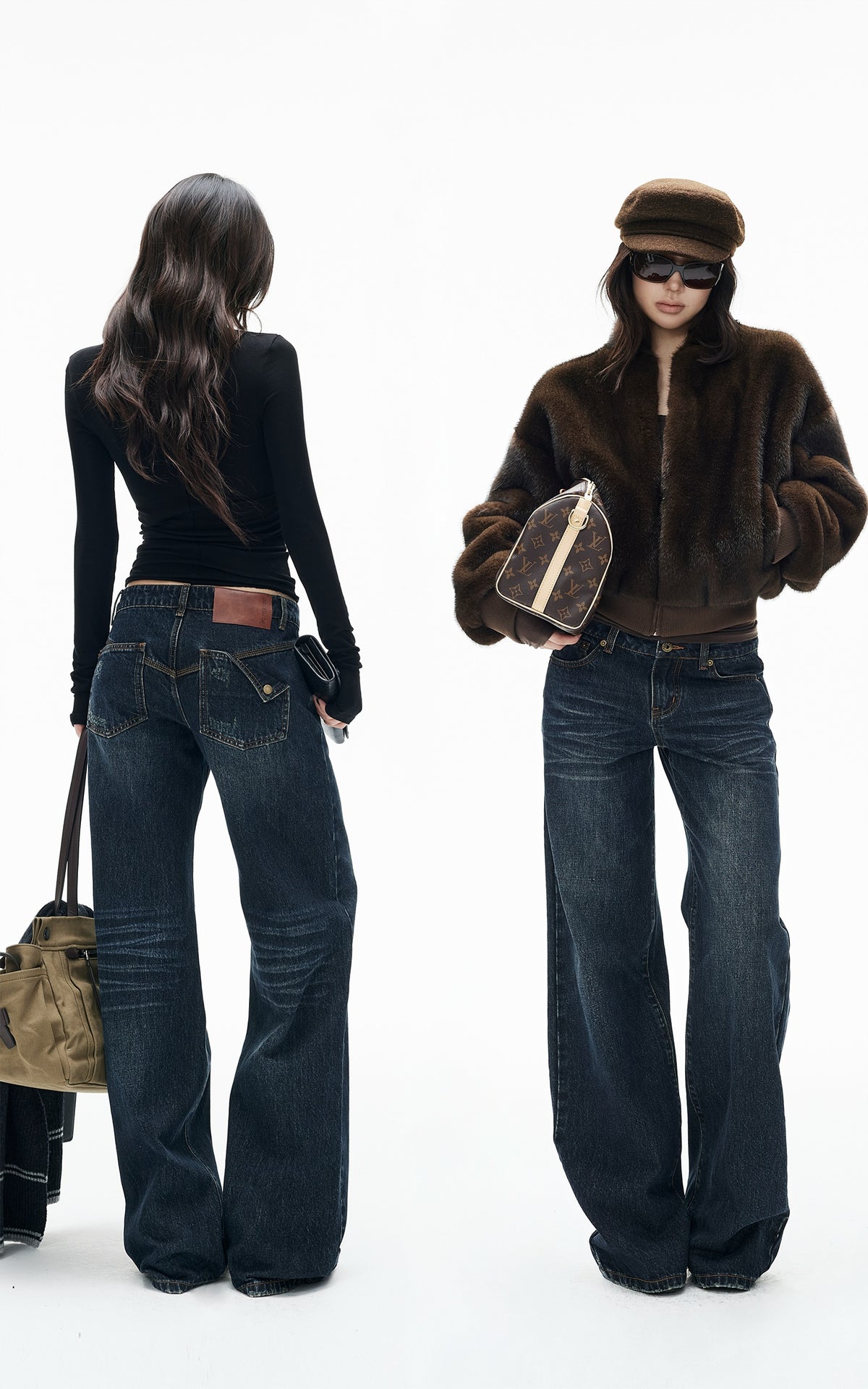 IAMXIAA Low-Rise Vintage Whisker Wash Baggy Wide-Leg Jeans