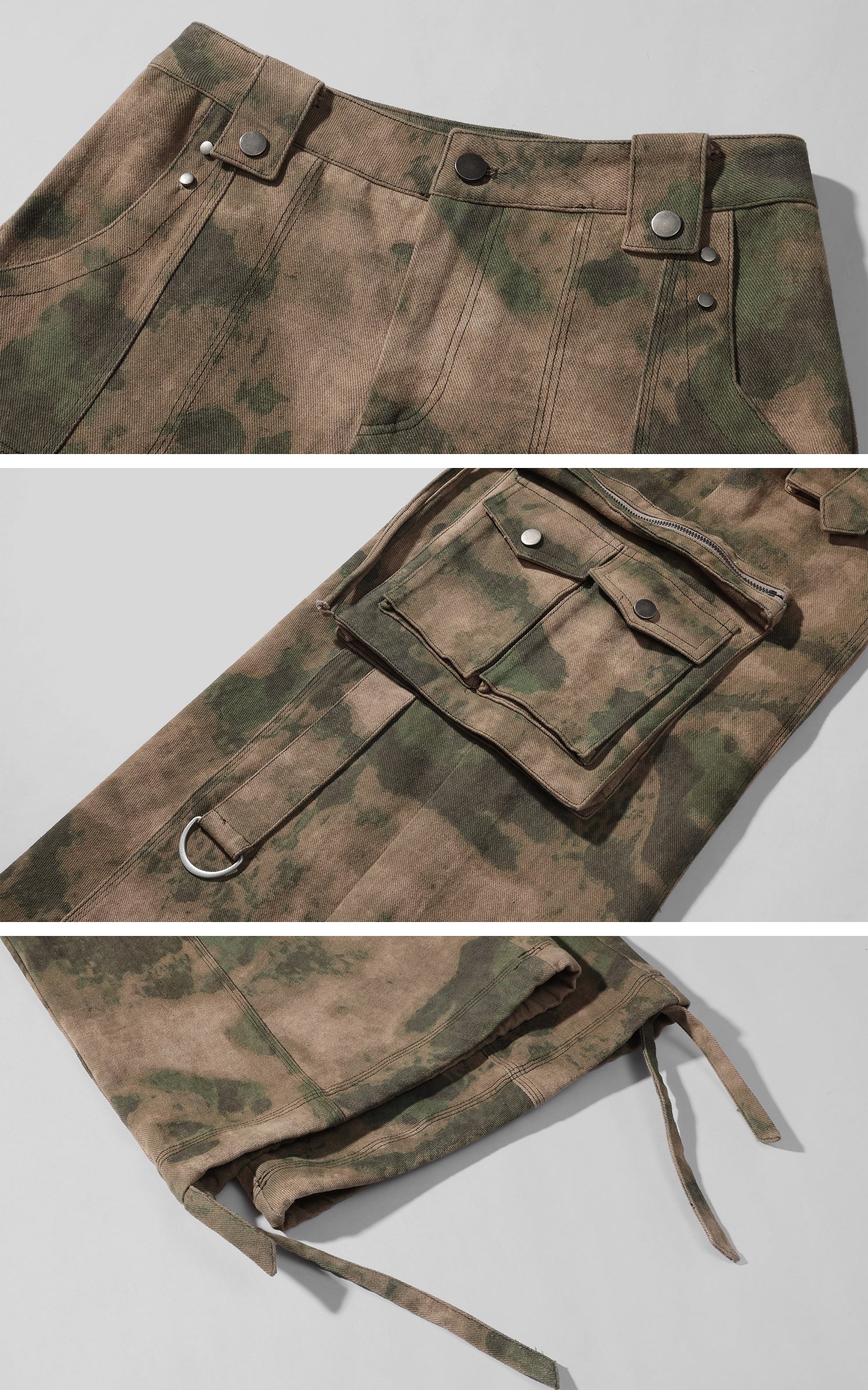 Rase le sol 카모 워시와 실용적인 포켓이 돋보이는 디컨스트럭티드 드로스트링 카고 팬츠