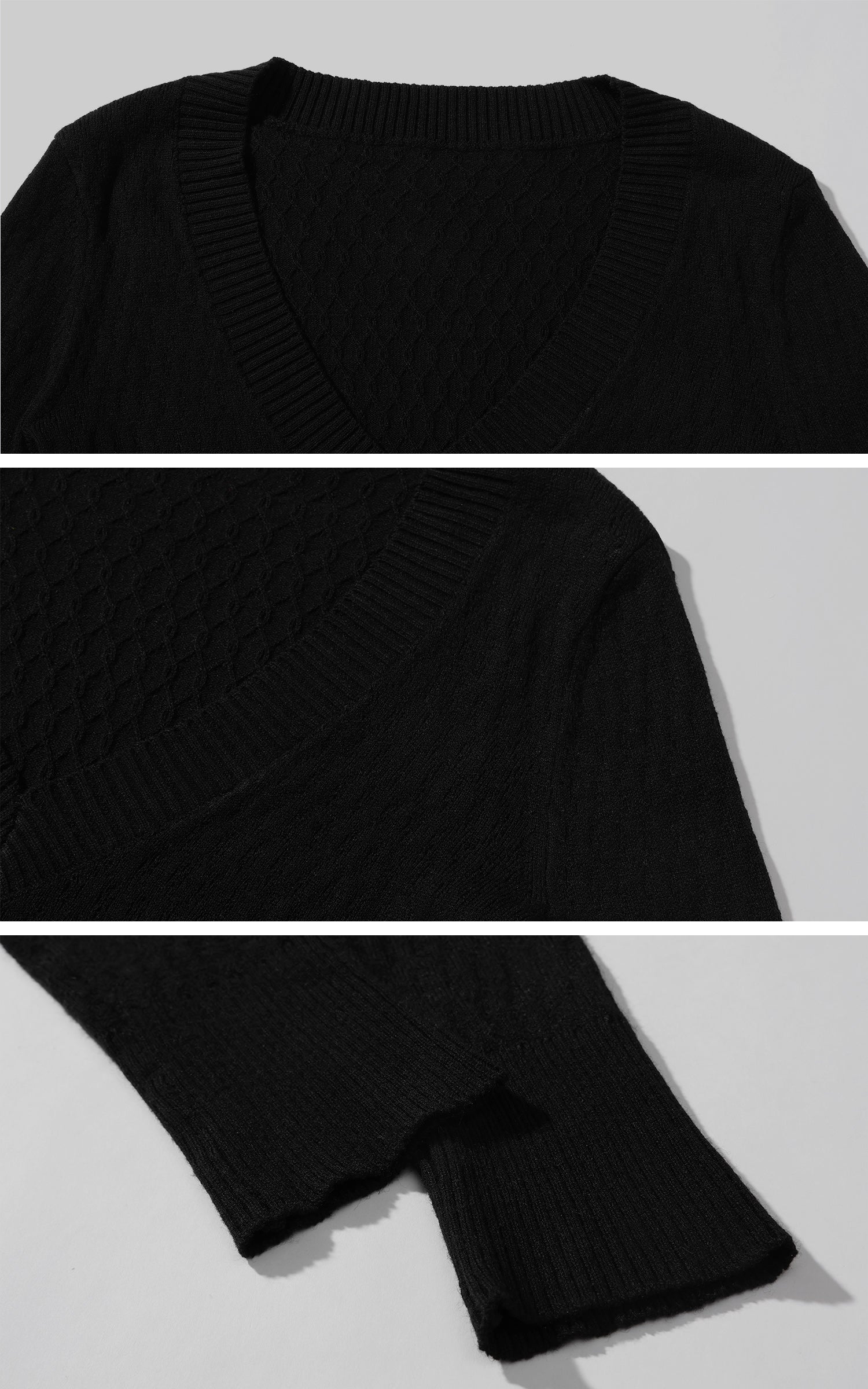 Low pixel ディープVスリムフィットテクスチャーニットロングスリーブトップ