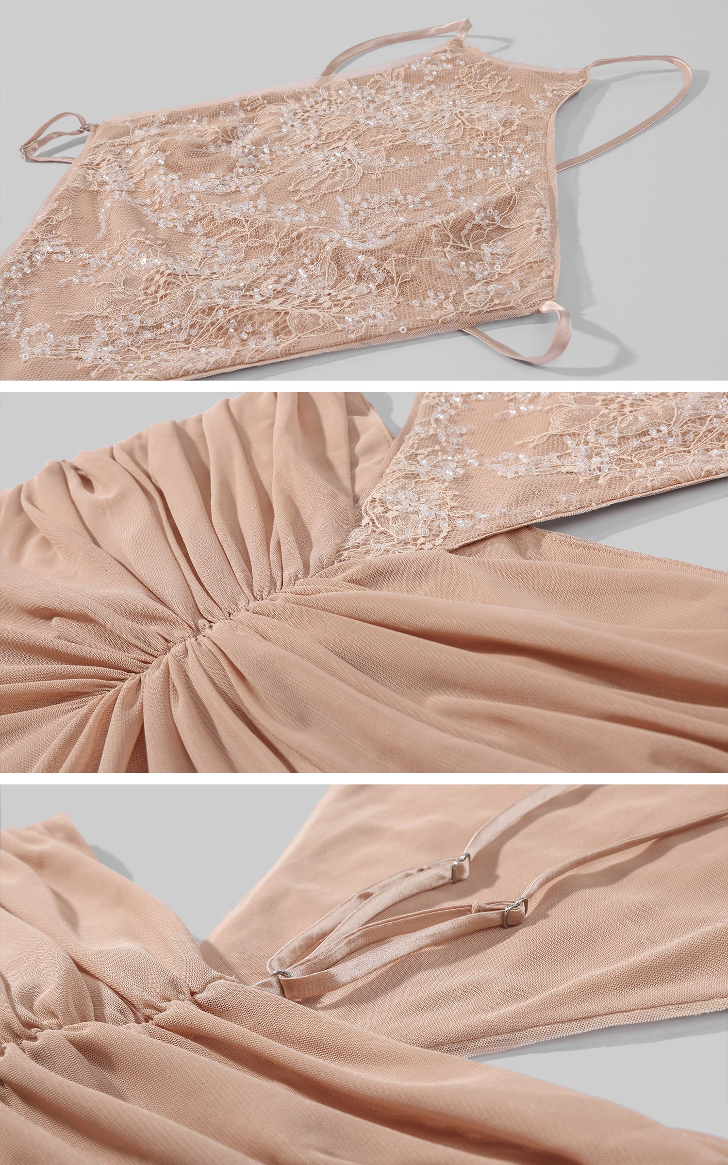 ROVENTE Embellished Lace Open Back Ruched Mesh Maxi Dress