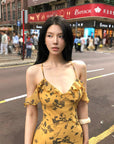 Hydrae Golden Floral Open-Shoulder Backless Slip Maxi Dress