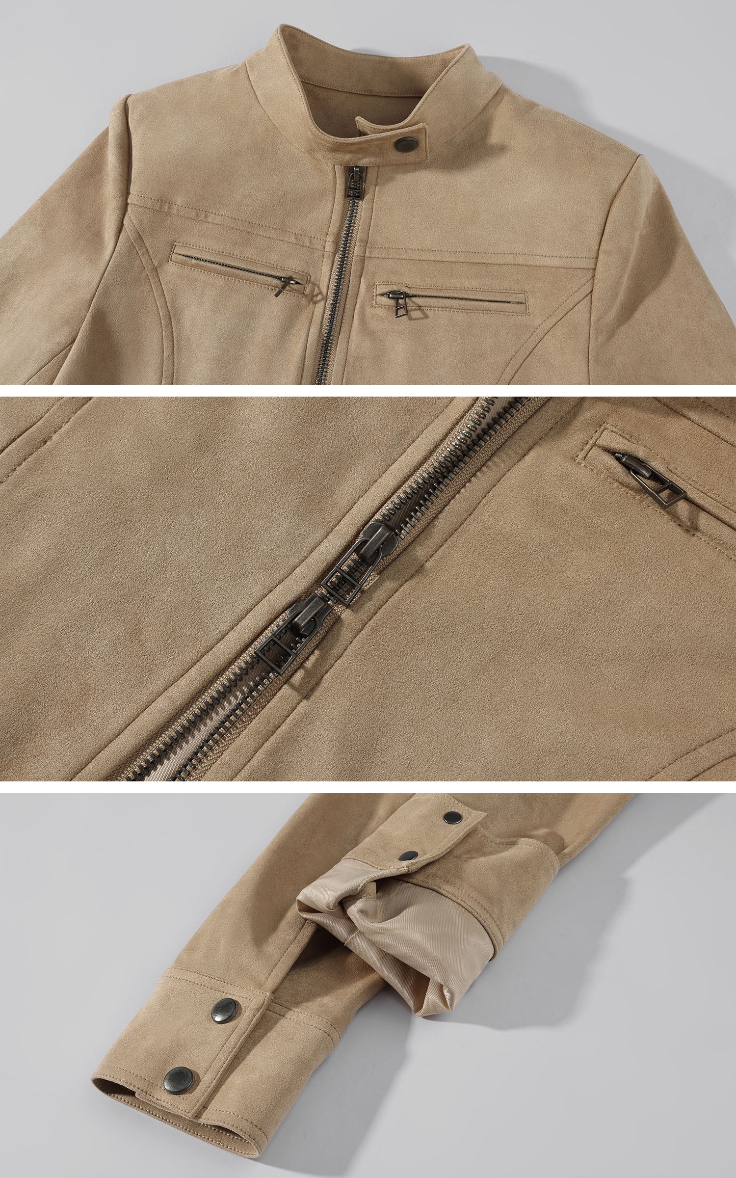 Hydrae Sand Suede Moto Cropped Jacket with Sculpted Paneling and Metal Zip Details
