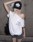 Rase le sol T-shirt graphique à épaules dénudées & Ensemble tricoté rayé Short
