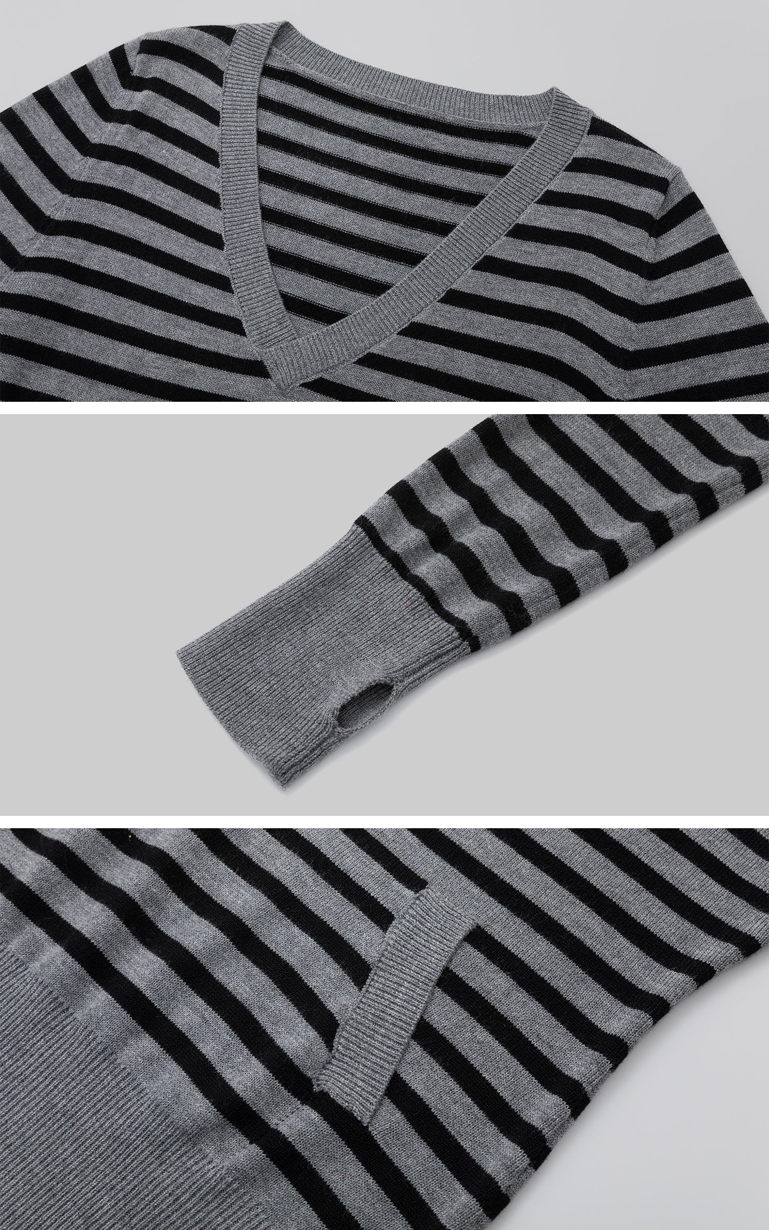 IAMXIAA 스트라이프 V넥 니트 스웨터 (앞주머니 포함)