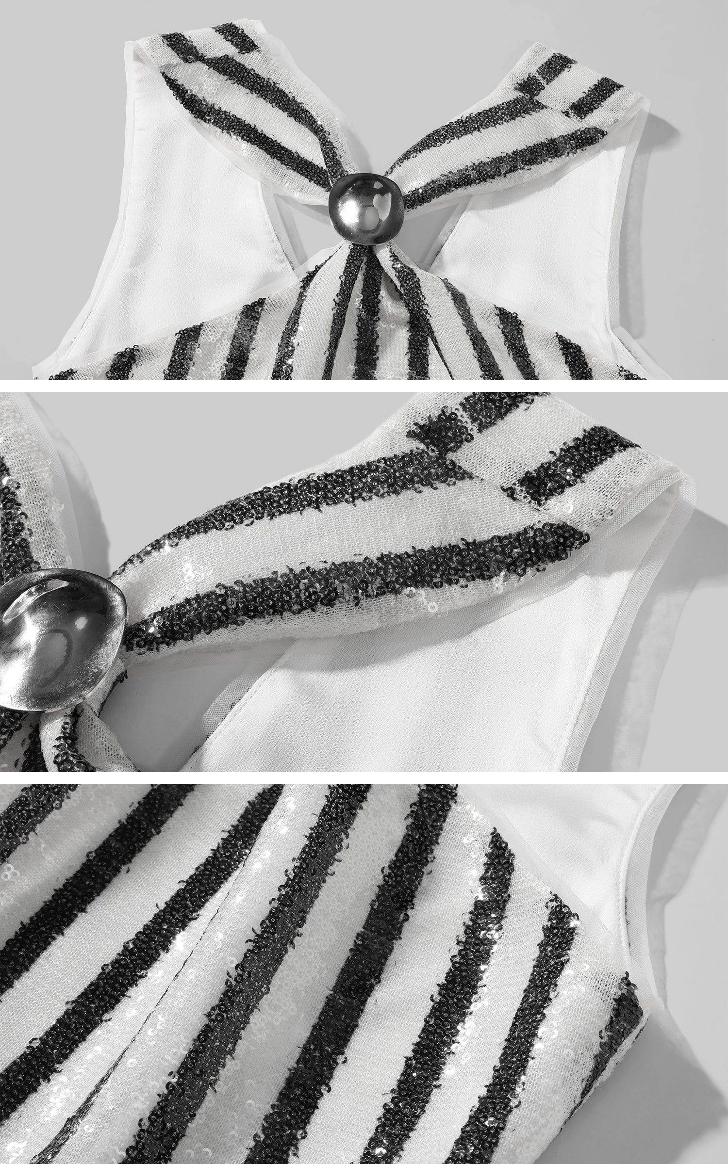 ROVENTE Striped Sequin Mini Dress with Metal Brooch Detail - PINKPARKS
