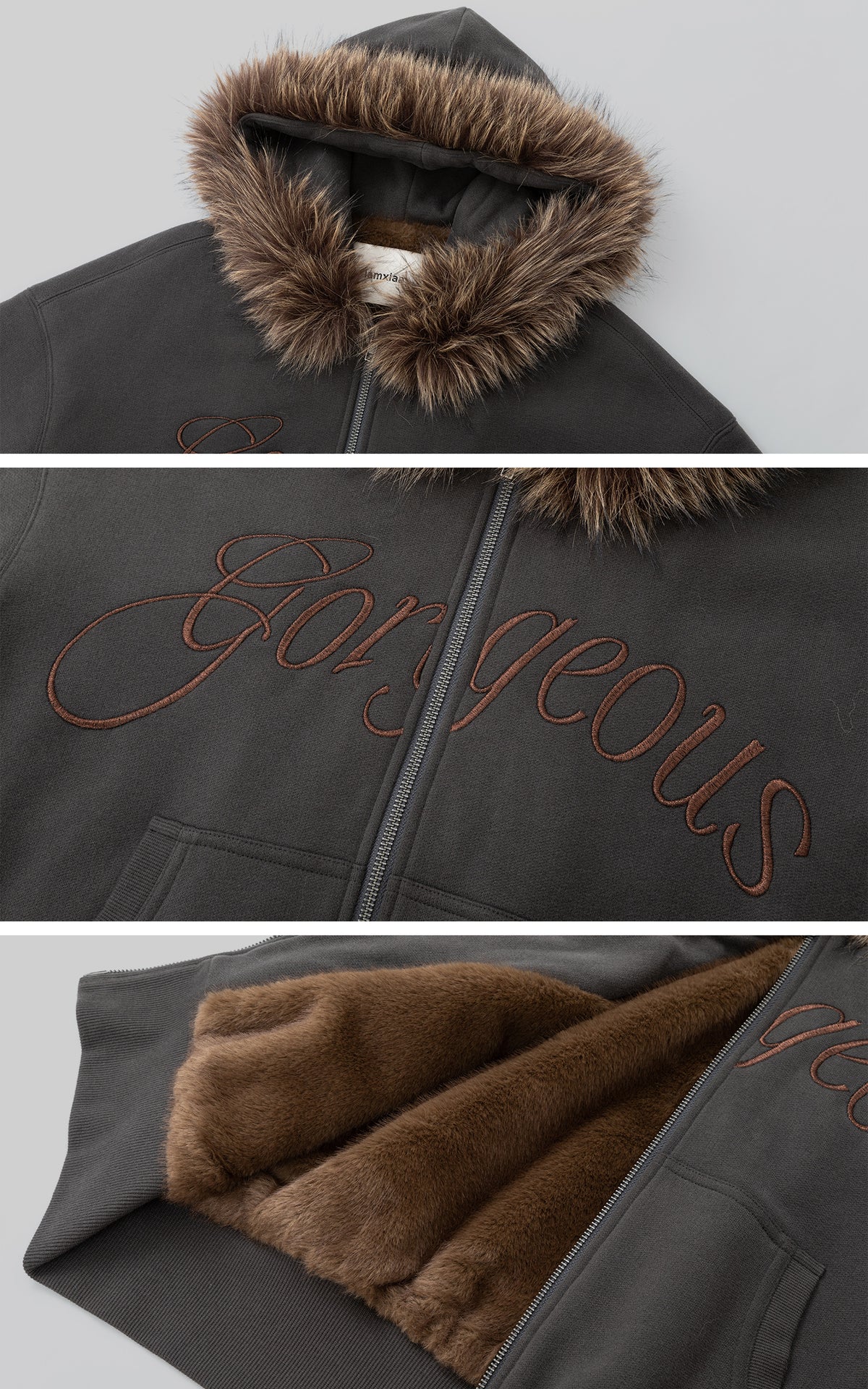 IAMXIAA Faux Fur Hooded Zip-Up Hoodie and Wide-Leg Sweatpants Set