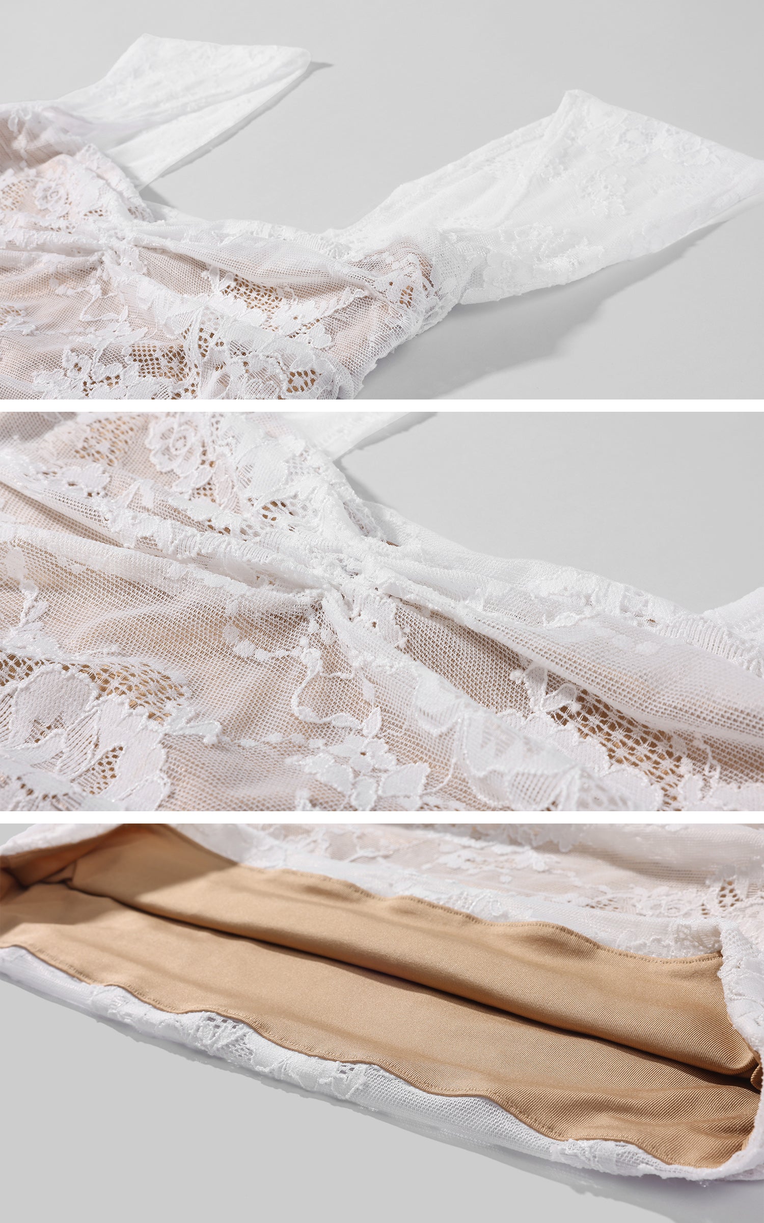 ROVENTE Ruched Lace Mini Dress