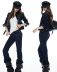 IAMXIAA Denim Jacket and Flared Jeans Set for Women Retro Dark Wash Two Piece Outfit