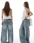 IAMXIAA Distressed Baggy Denim Jeans Low Waist Wide Leg Street Style Vintage Wash