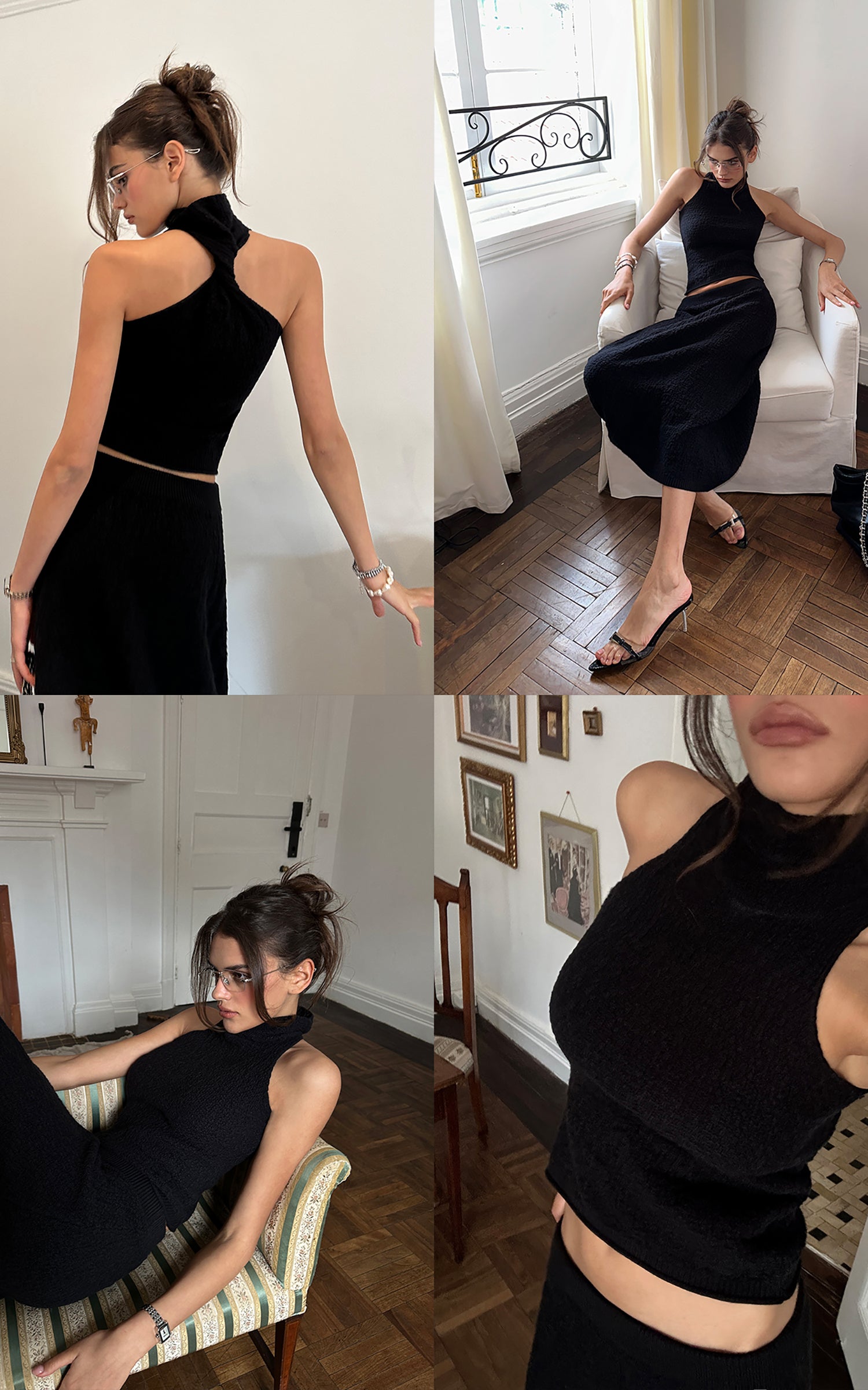 0122stepll Ensemble haut en maille torsadée à col licou &amp; jupe midi