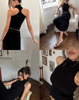 0122stepll Ensemble haut en maille torsadée à col licou & jupe midi