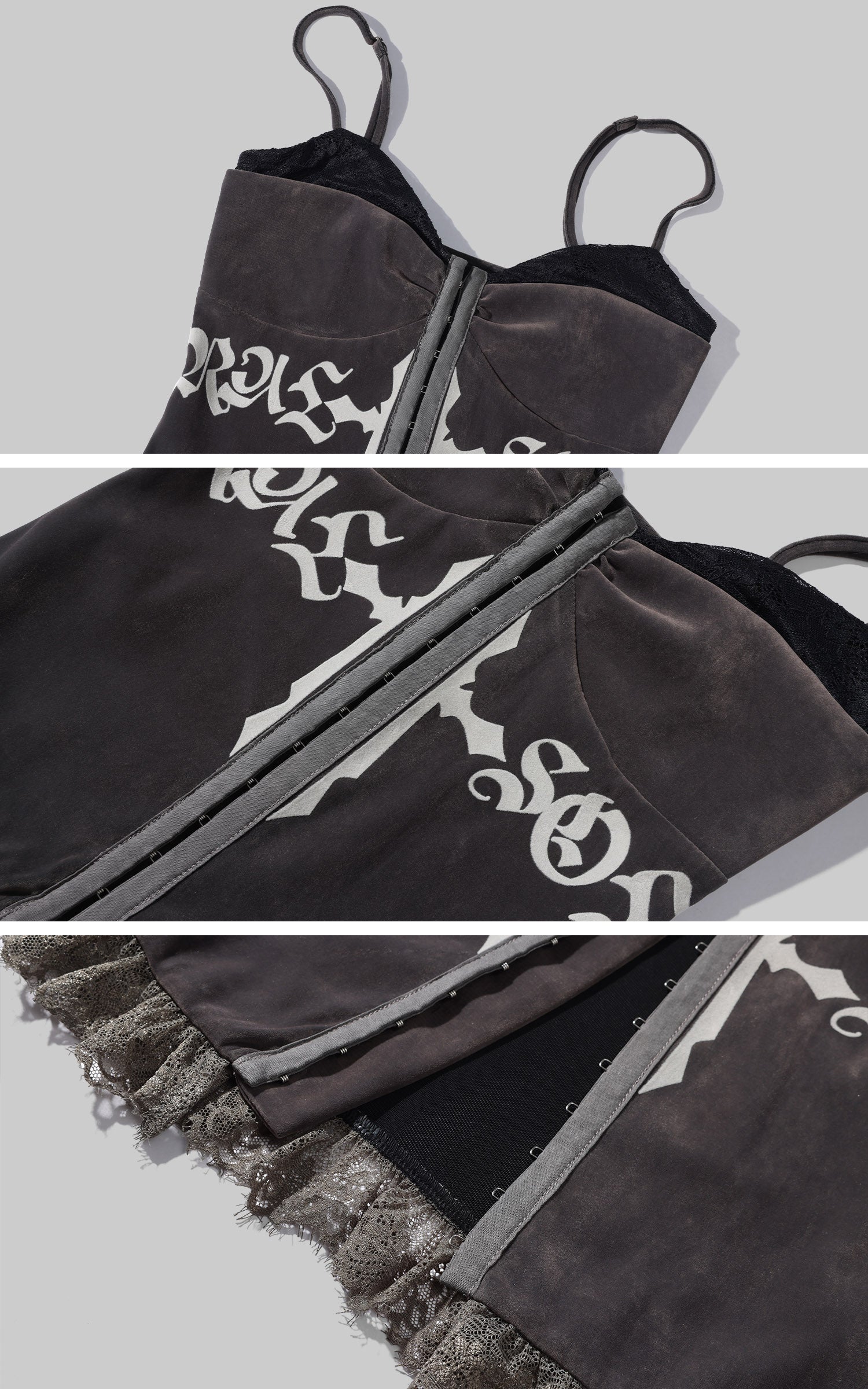 Rase le sol Gothic Cross Panel Camisole Fitted Lace Trim Structured Layering Top