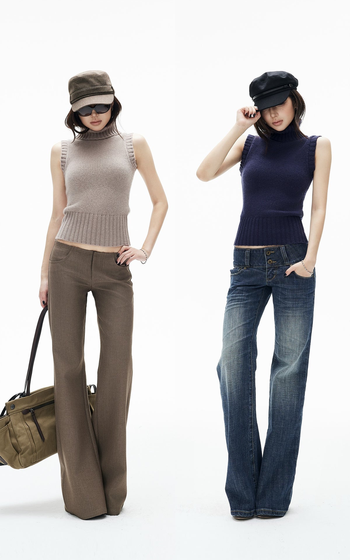 IAMXIAA Retro Slim-Fit Turtleneck Sleeveless Wool Knit Top with Ribbed Hem