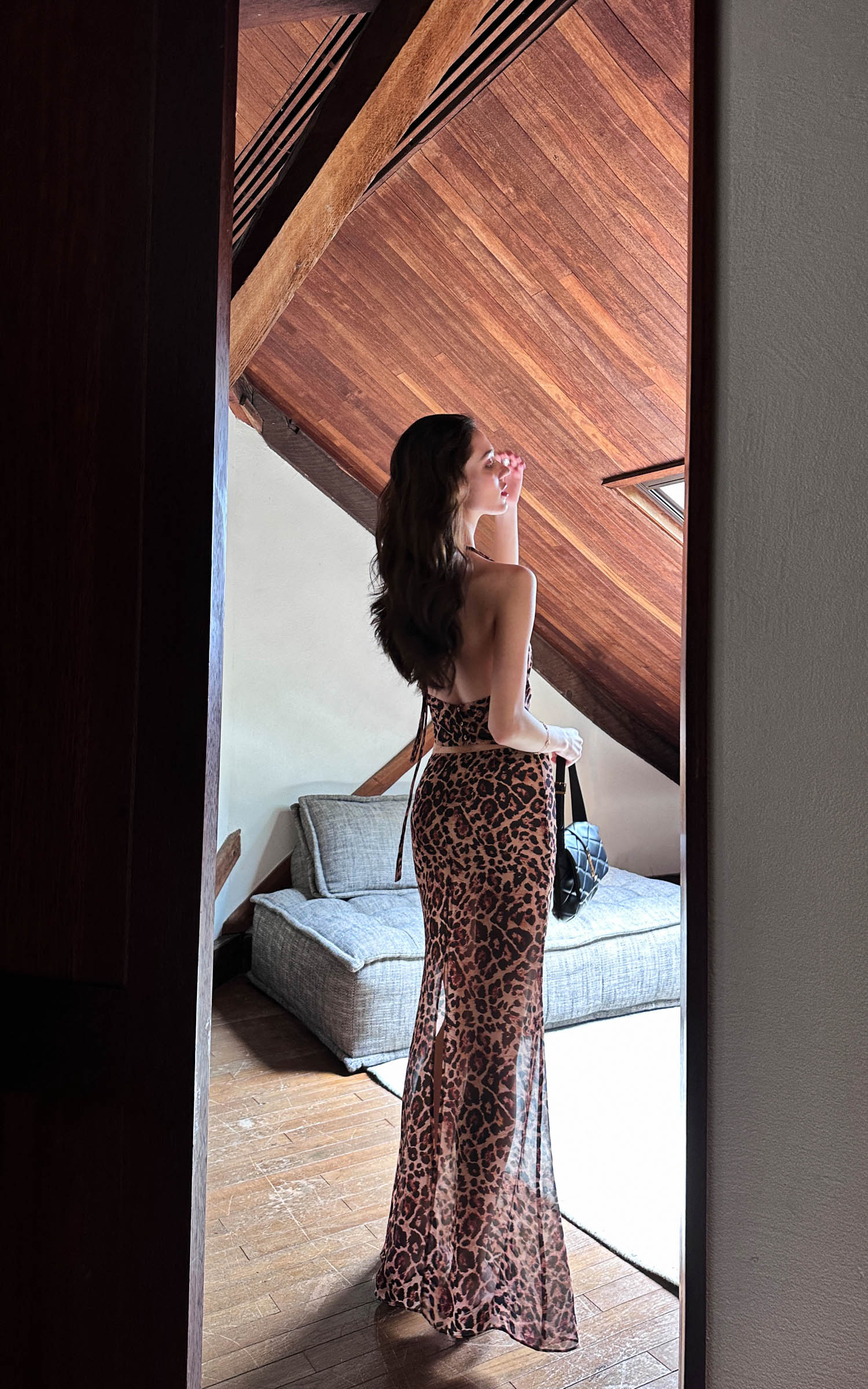 0122stepll Leopard Mesh Halter Top &amp; Sheer Maxi Skirt Set