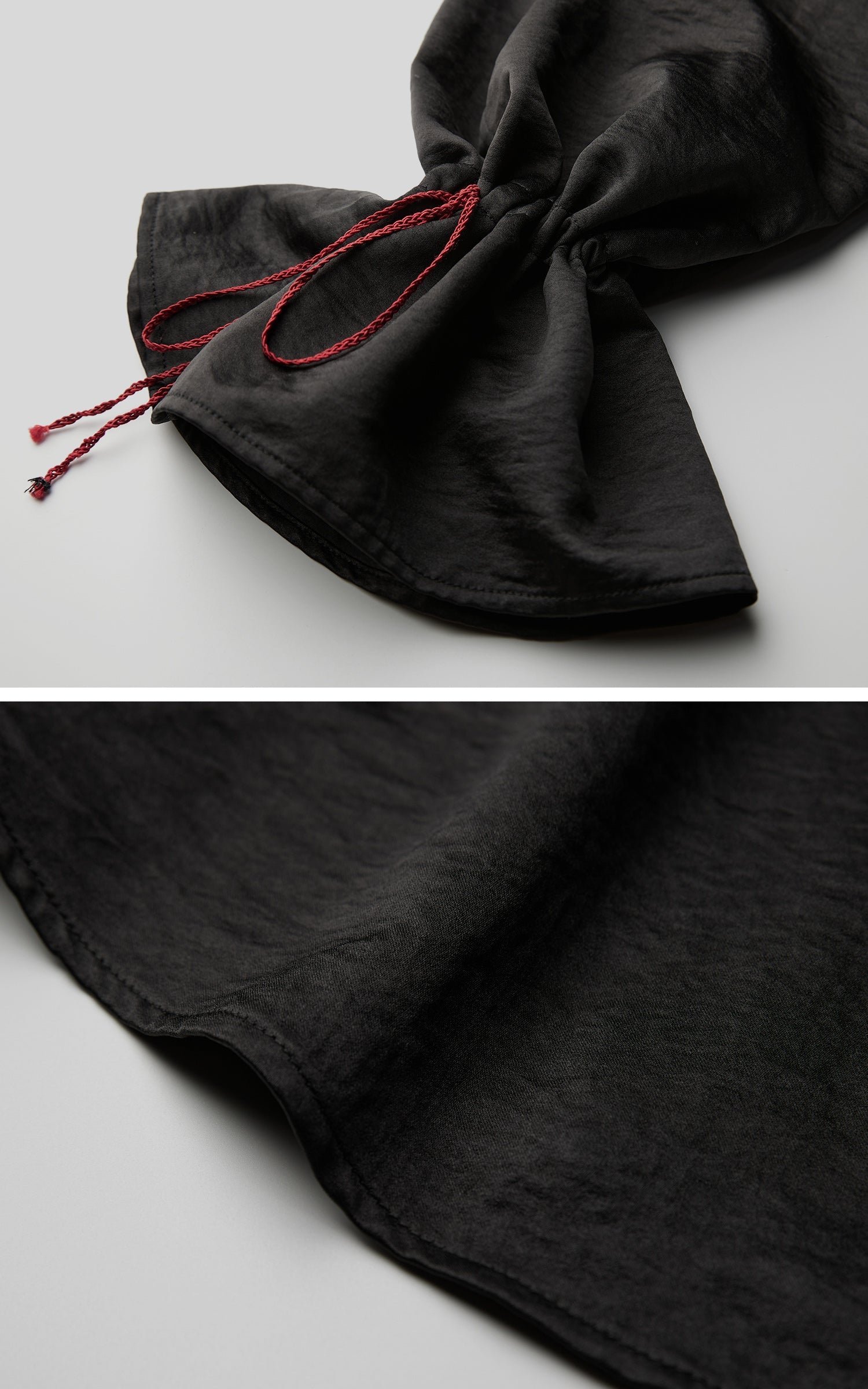 DOINDULGE Asymmetric Textured Shirt with Drawstring Sleeves and Red Accents
