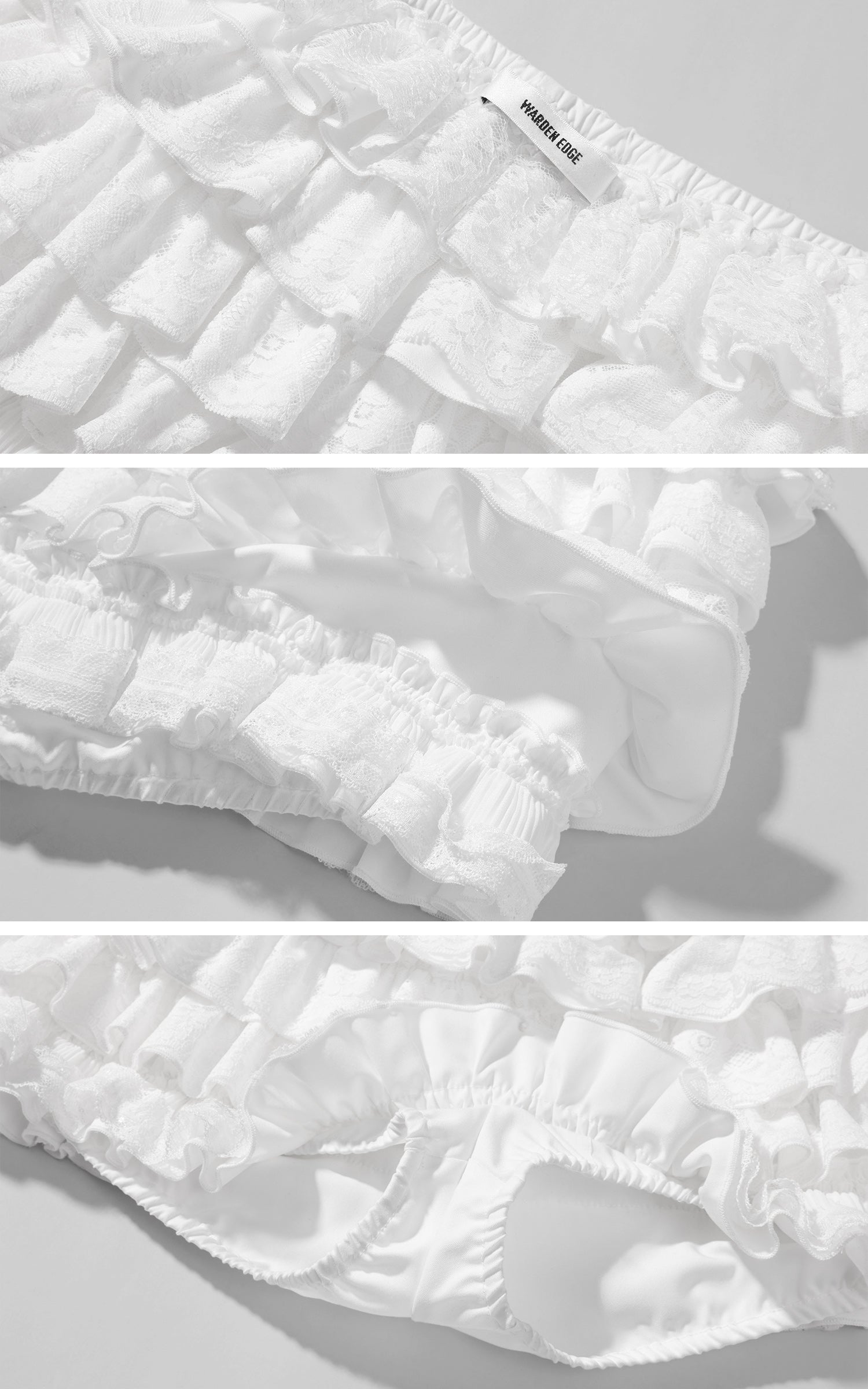 WARDEN EDGE 레이스 트림 캐미 탑 &amp; 레이어드 러플 미니 스커트 세트