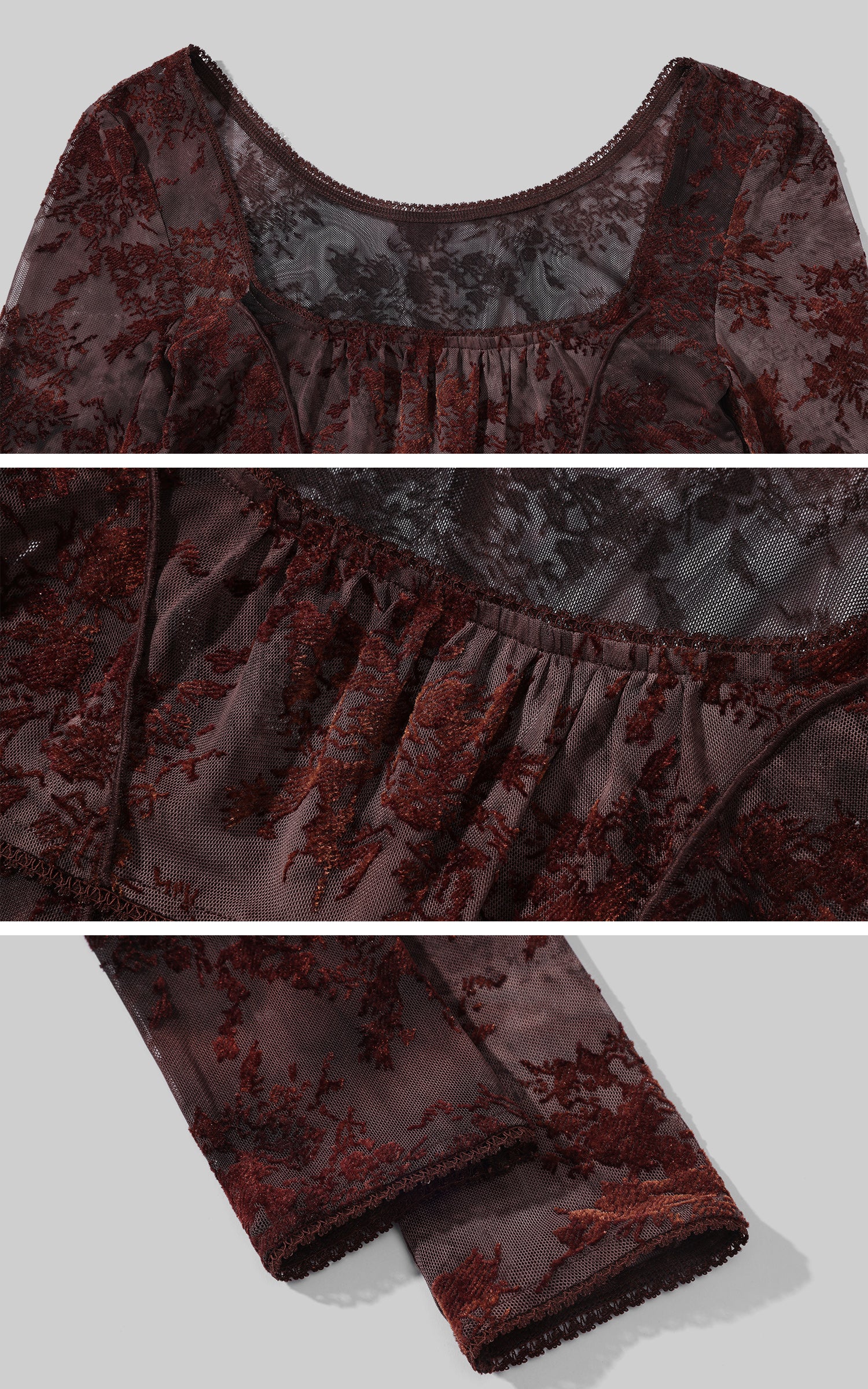 Low pixel Sheer Floral Mesh Fitted Long Sleeve Tee