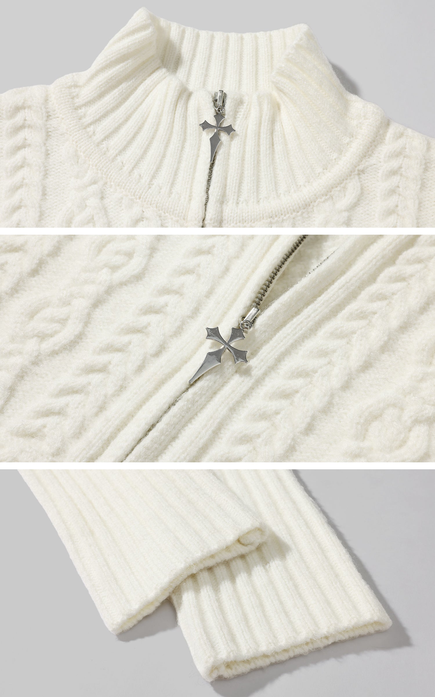 Rase le sol High Neck Cable Knit Cardigan with Sculpted Fit and Cross Zipper Detail