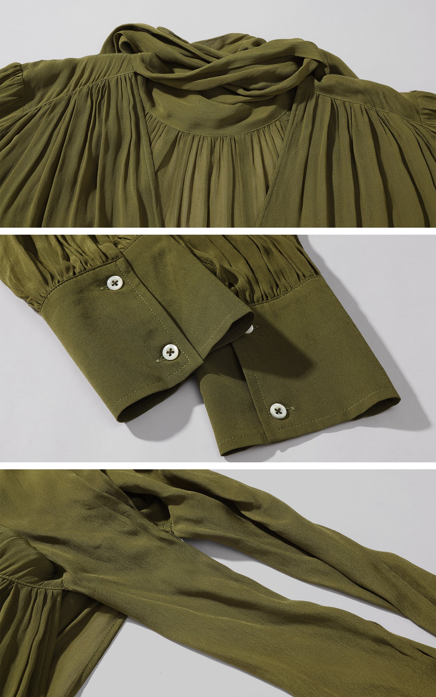 ROVENTE Draped Deep V-Neck Blouse with Tie Collar and Billowy Sleeves