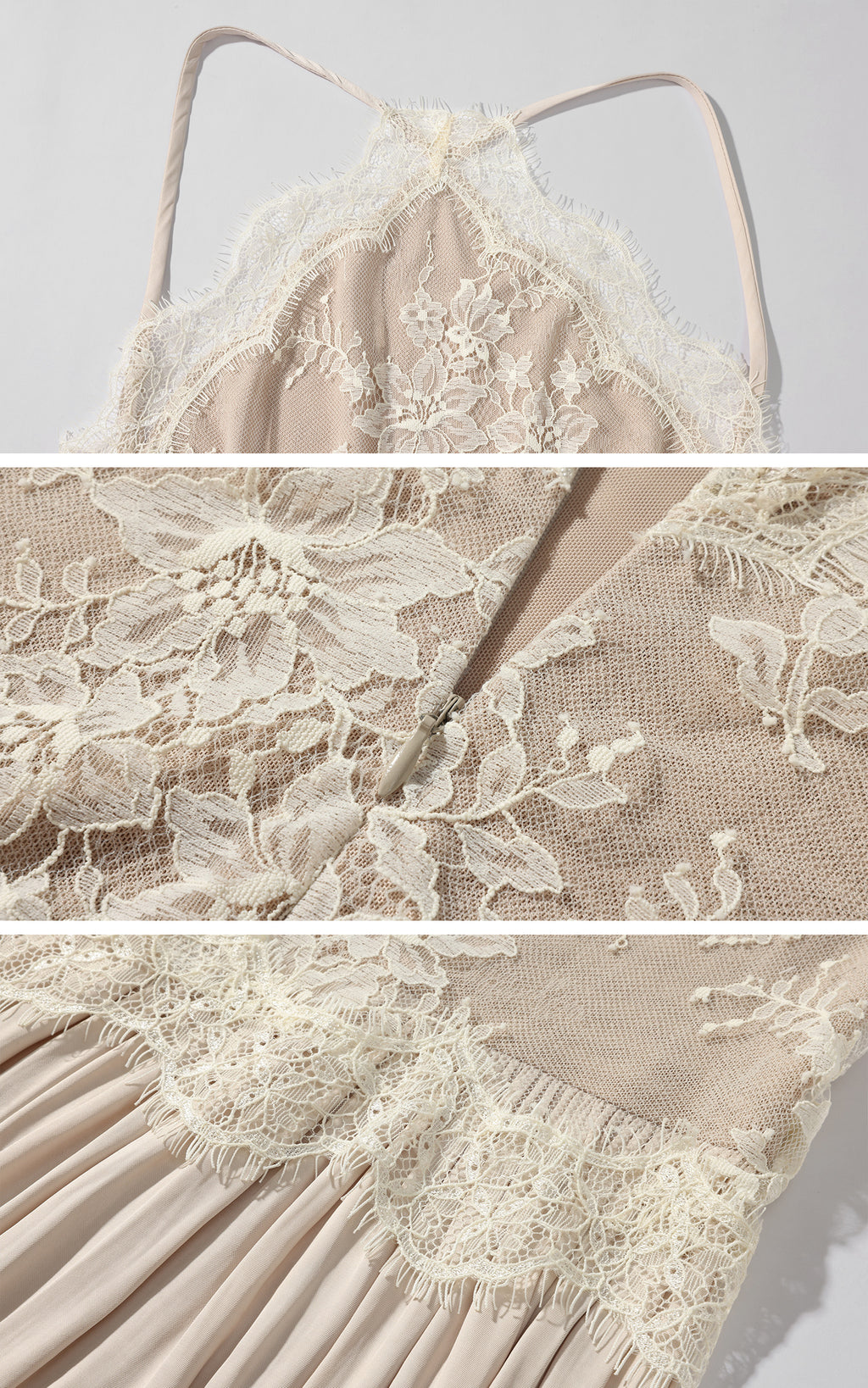 ROVENTE Embroidered Lace Halter Dress With Gathered Hem – PINKPARKS