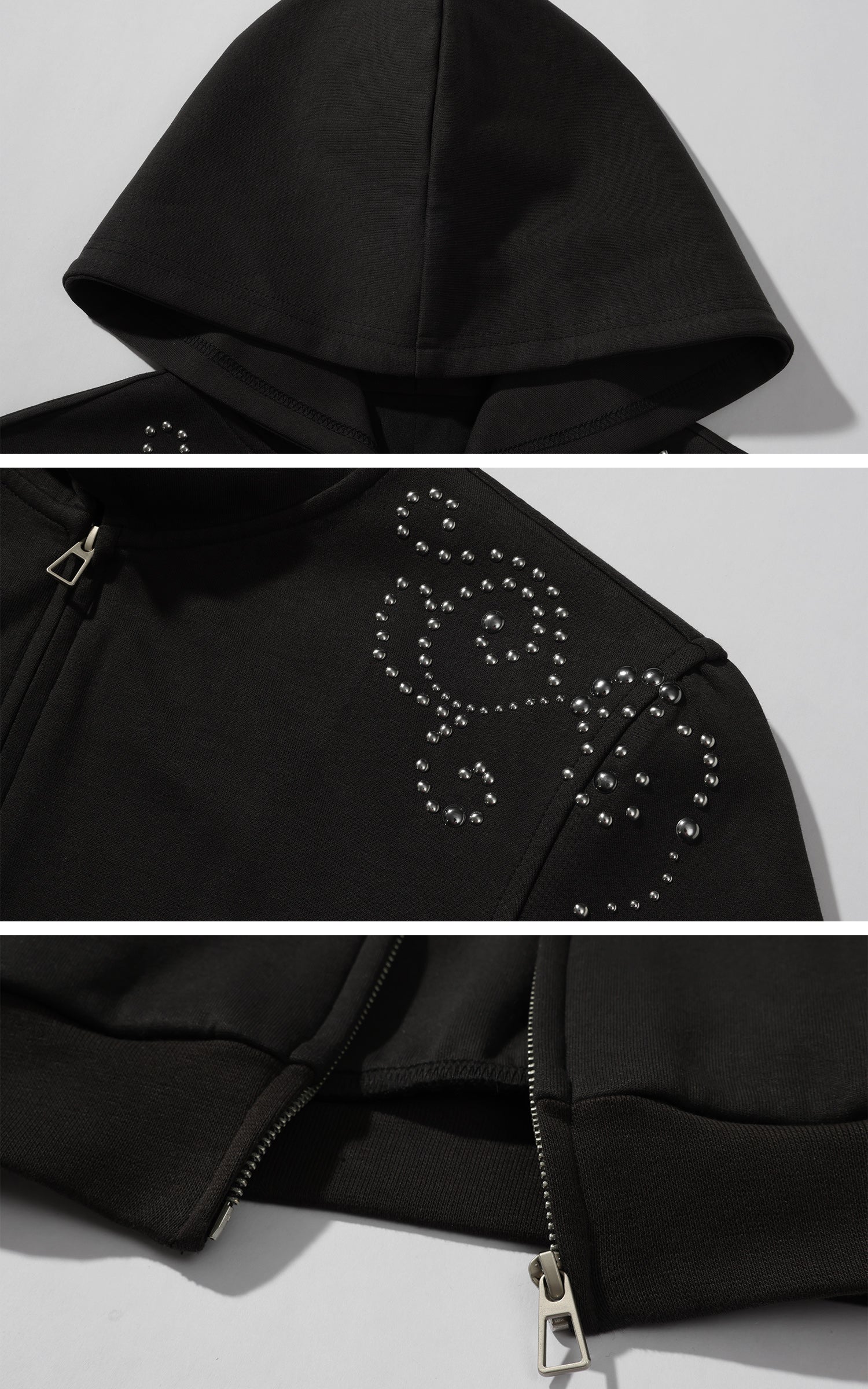 WARDEN EDGE Studded Zip-Up Hoodie with Spiral Embellishments and Extended Sleeves