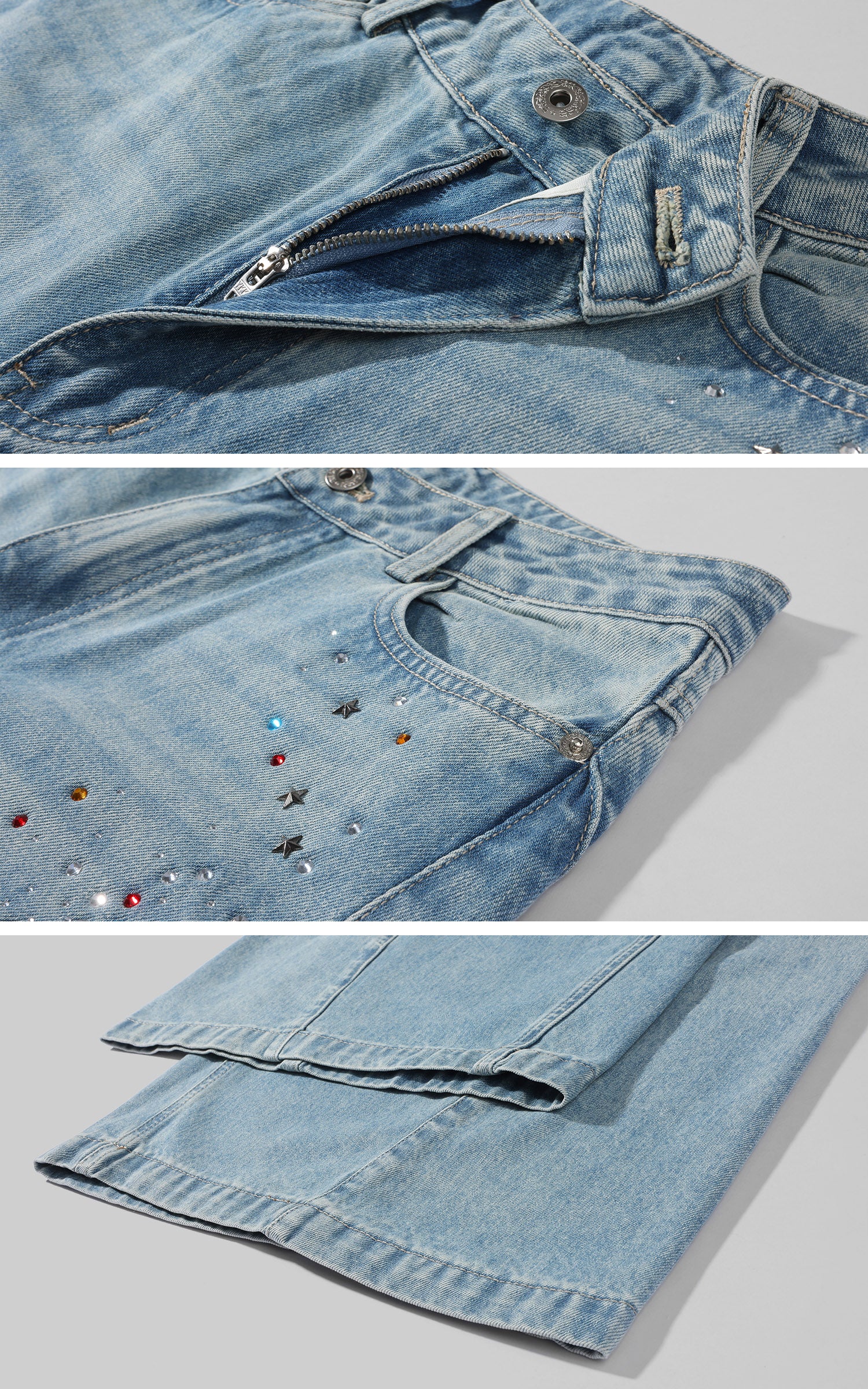 WARDEN EDGE Crystal Embellished Wide-Leg Denim Pants