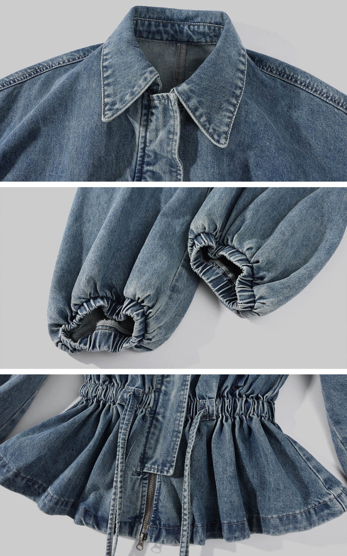 WARDEN EDGE Washed Denim Balloon-Sleeve Peplum Jacket