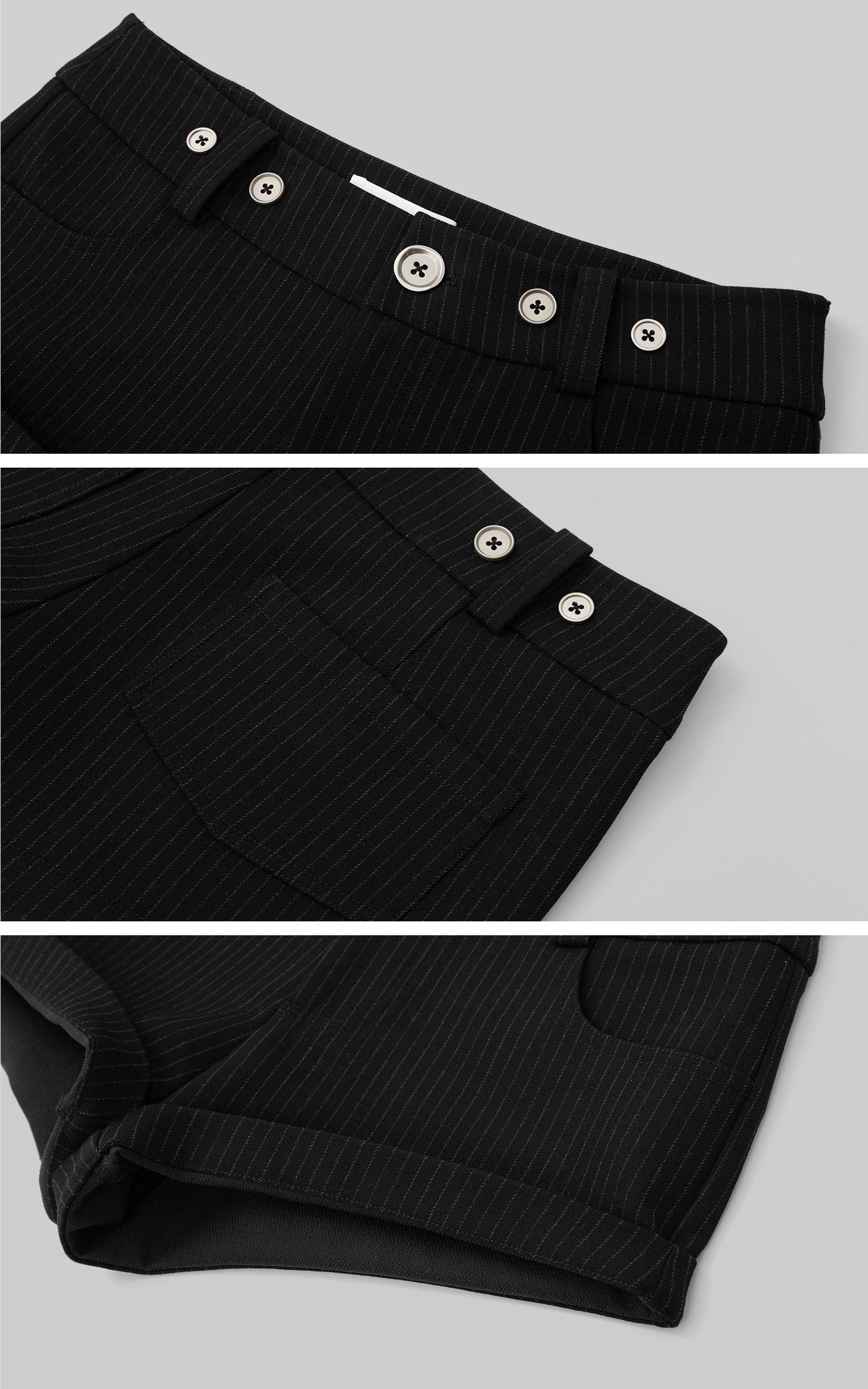 IAMXIAA ピンストライプボタンディテールミニショーツ（ロールヘム付き）