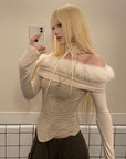 Rase le sol Off-Shoulder Sweater Top with Faux Fur Trim and Sculpted Waist