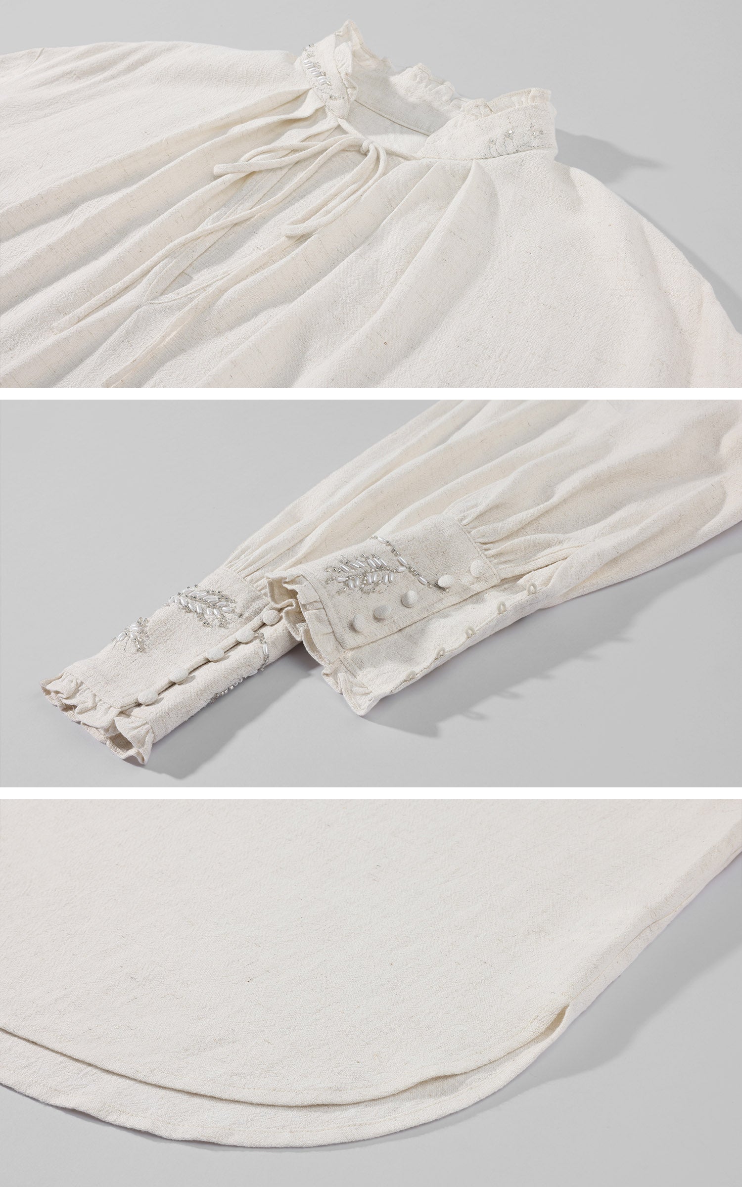 Hydrae Embellished Ruffle-Neck Tie-Front Blouson-Sleeve Top