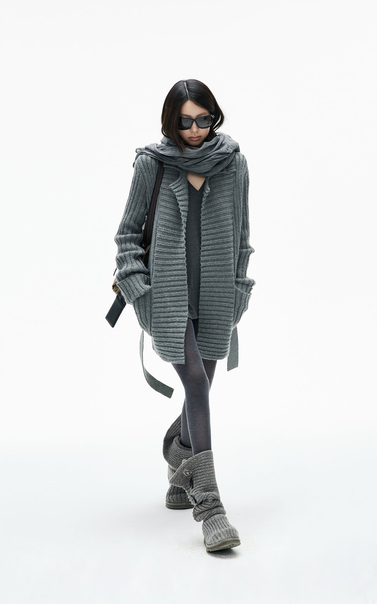 IAMXIAA Belted Ribbed Longline Knit Cardigan