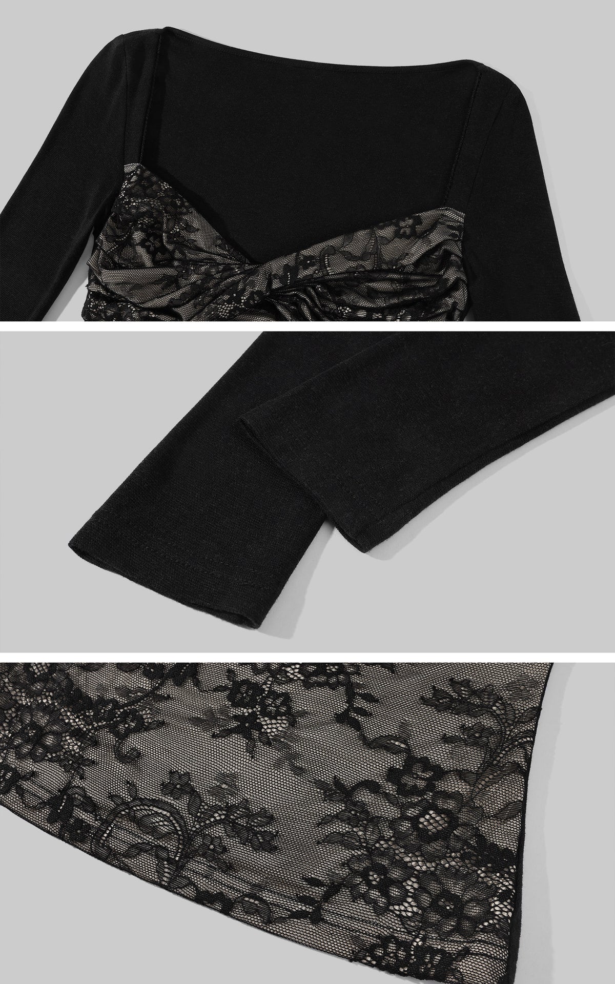 Hydrae Lace Contrast Ruched Bust Long Sleeve Top With Sheer Floral Texture