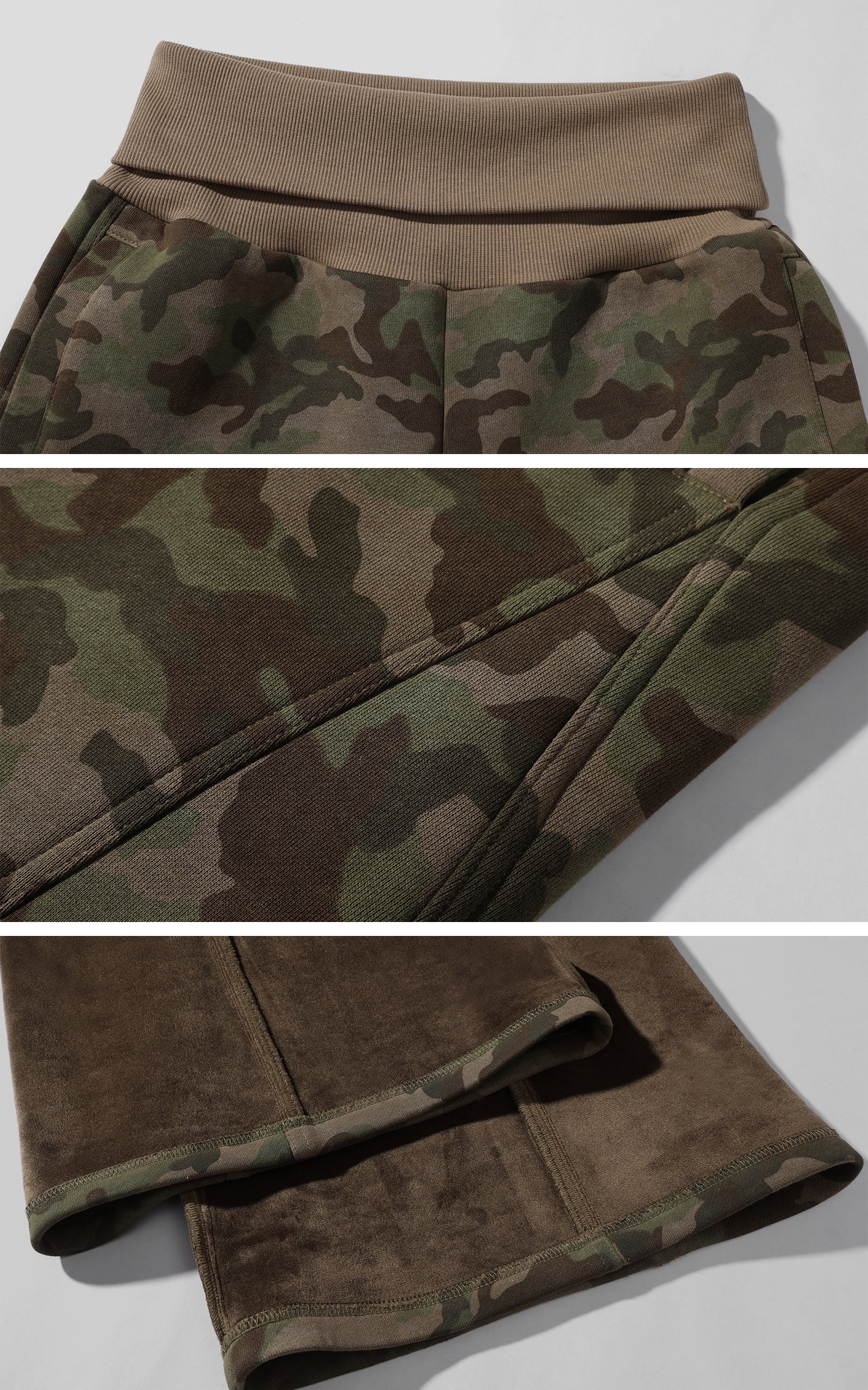 Rase le sol 플리스 안감 카모플라주 와이드 팬츠, 골지 허리밴드