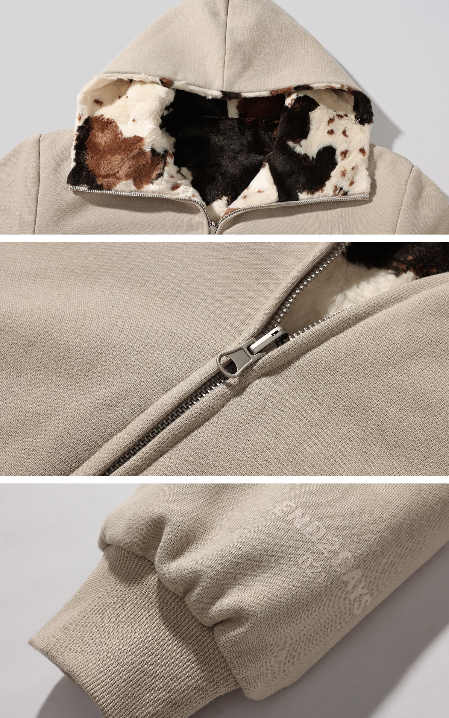 Veste réversible avec maille lisse et tissu pelucheux motif vache
