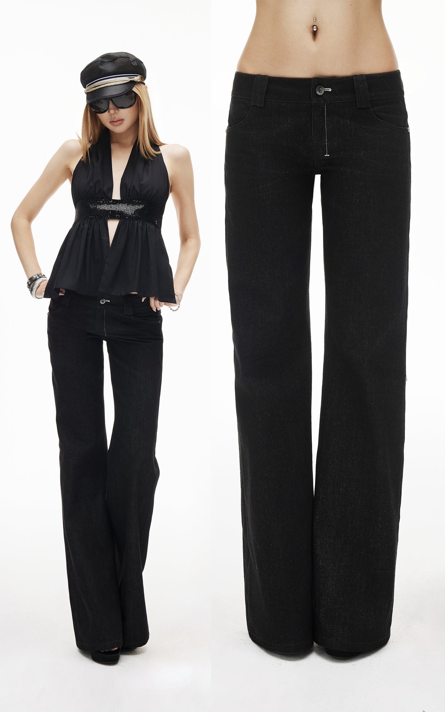IAMXIAA Low-Rise Dark Wash Flared Denim Jeans with Clean Seam Wide Leg Fit