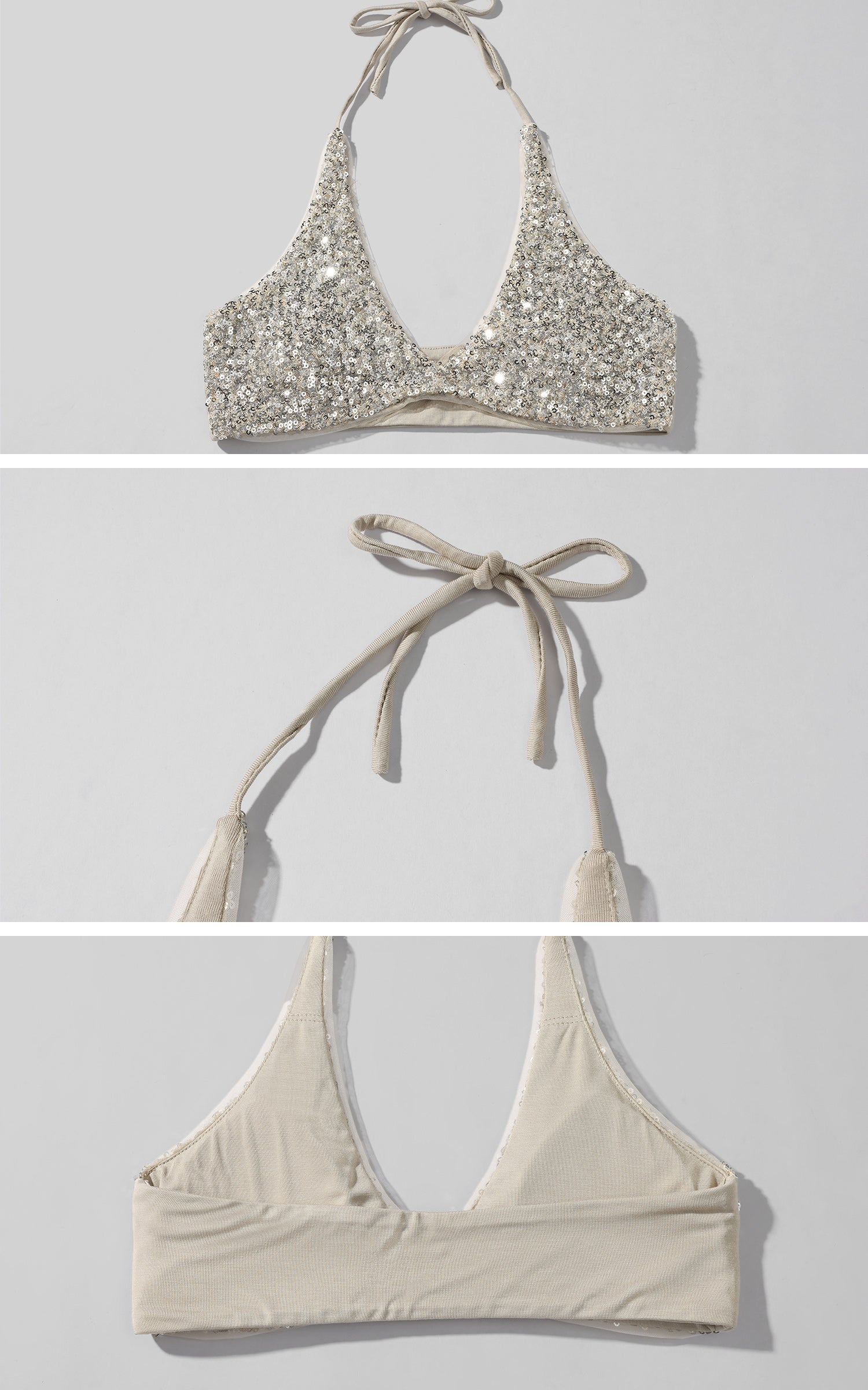 ROVENTE Deep V Knit Top with Sequin Bra and Shorts Set