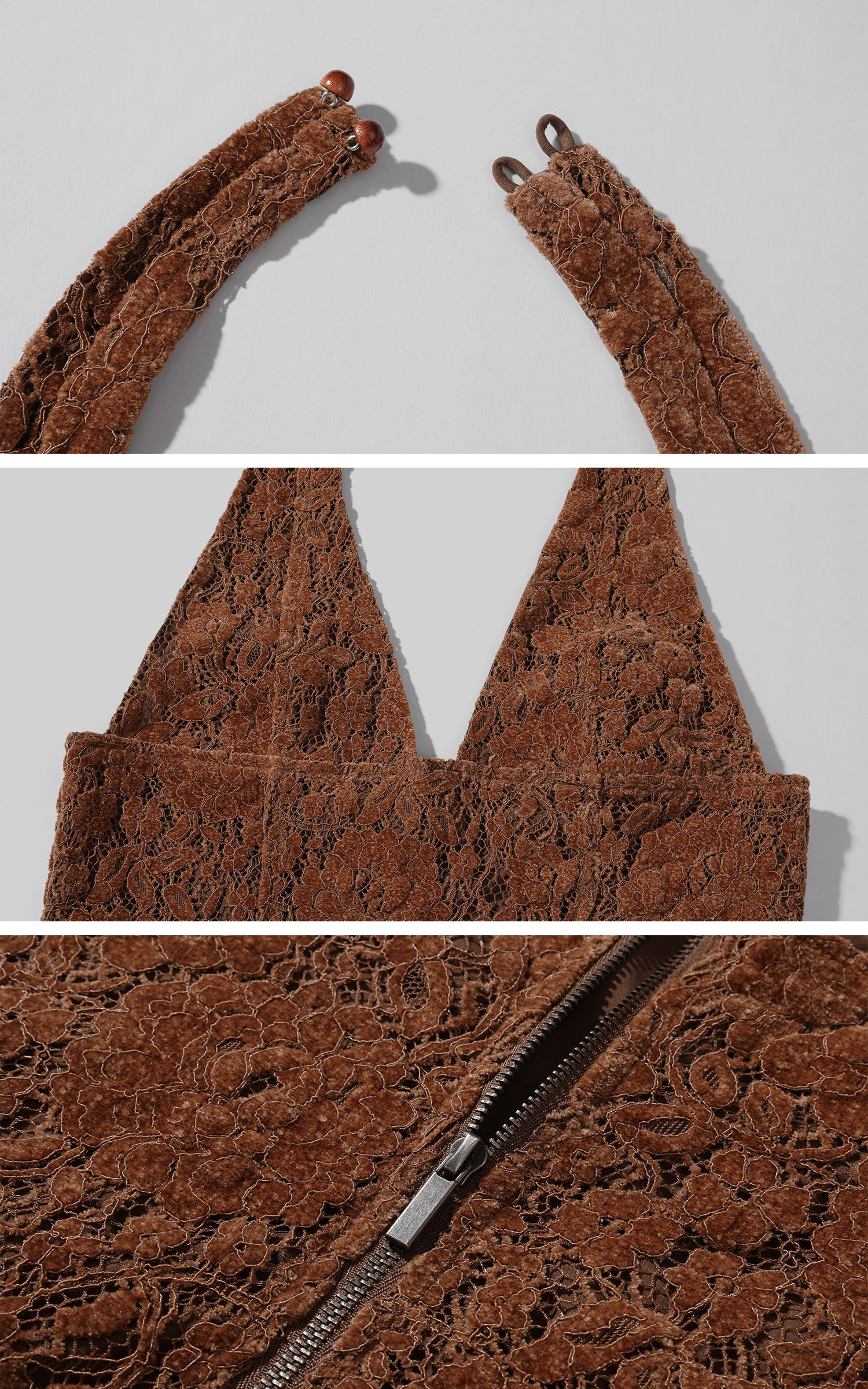 ROVENTE Lace Halter Top in Brown Velvet